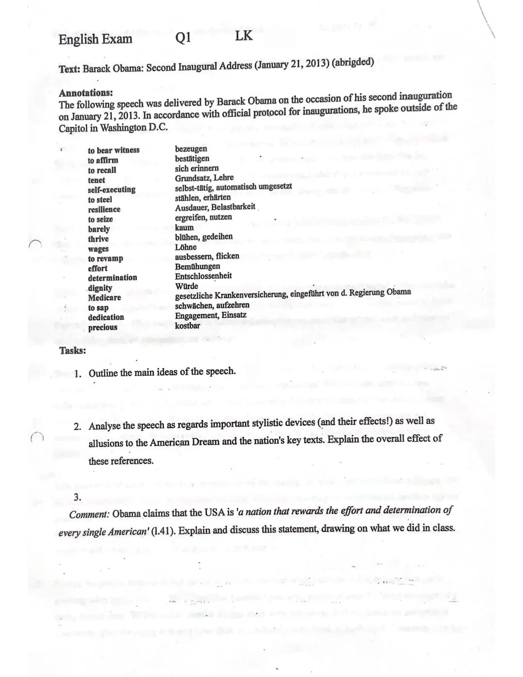 English Exam
Q1
LK
Text: Barack Obama: Second Inaugural Address (January 21, 2013) (abrigded)
Annotations:
The following speech was delivere