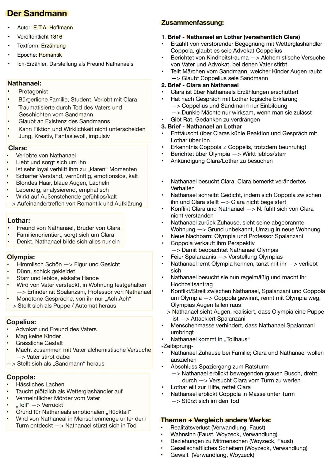 ## Der Sandmann
* Autor: E.T.A. Hoffmann
* Veröffentlicht 1816
* Textform: Erzählung
* Epoche: Romantik
* Ich-Erzähler, Darstellung als Fre