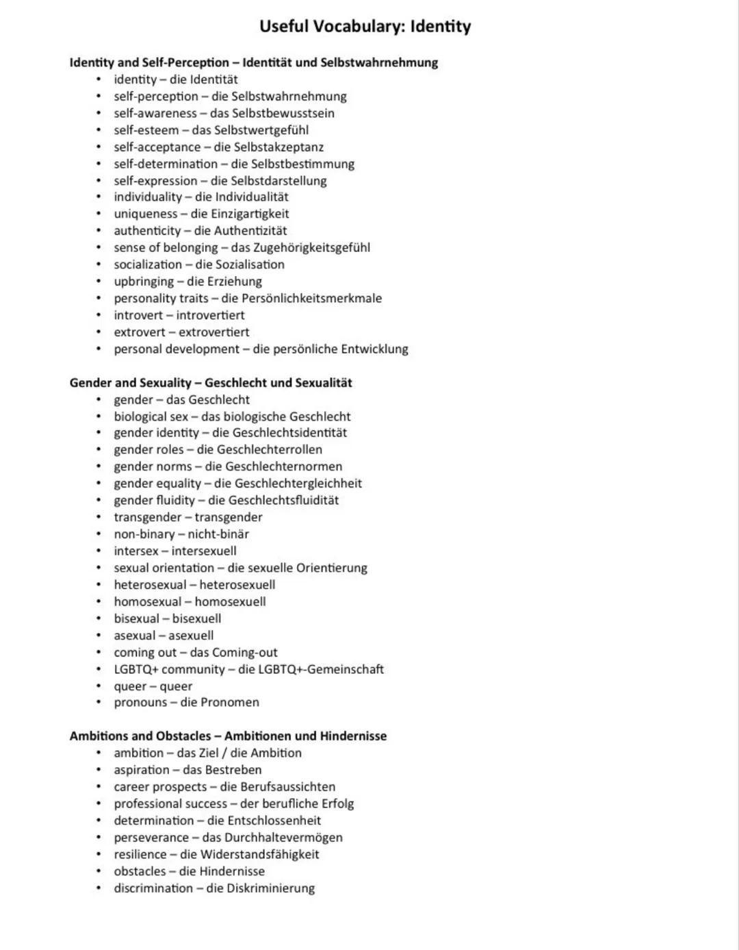 Useful Vocabulary: Identity
Identity and Self-Perception - Identität und Selbstwahrnehmung
- identity - die Identität
- self-perception - di