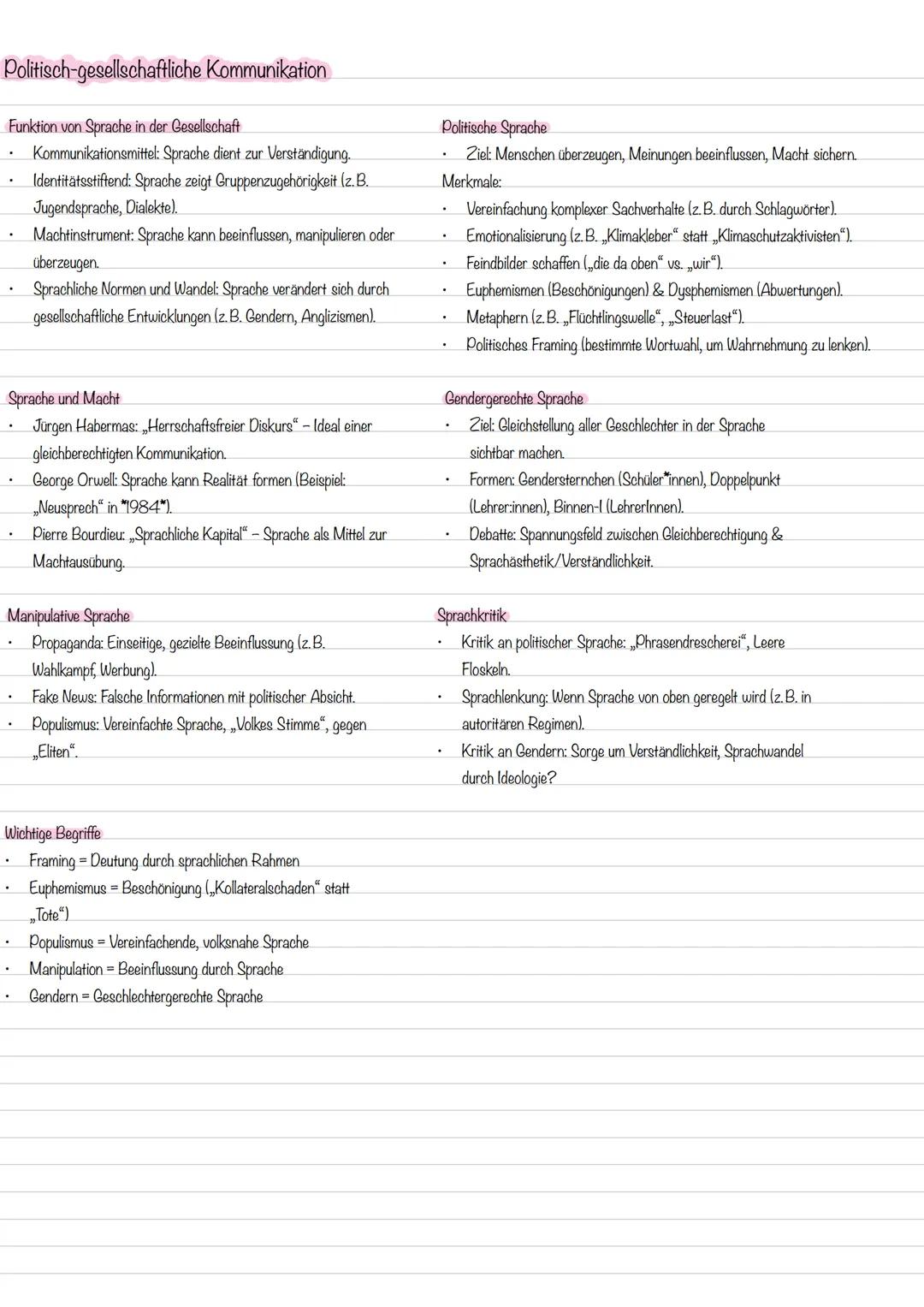 Politisch-gesellschaftliche Kommunikation
Funktion von Sprache in der Gesellschaft
- Kommunikationsmittel: Sprache dient zur Verständigung.