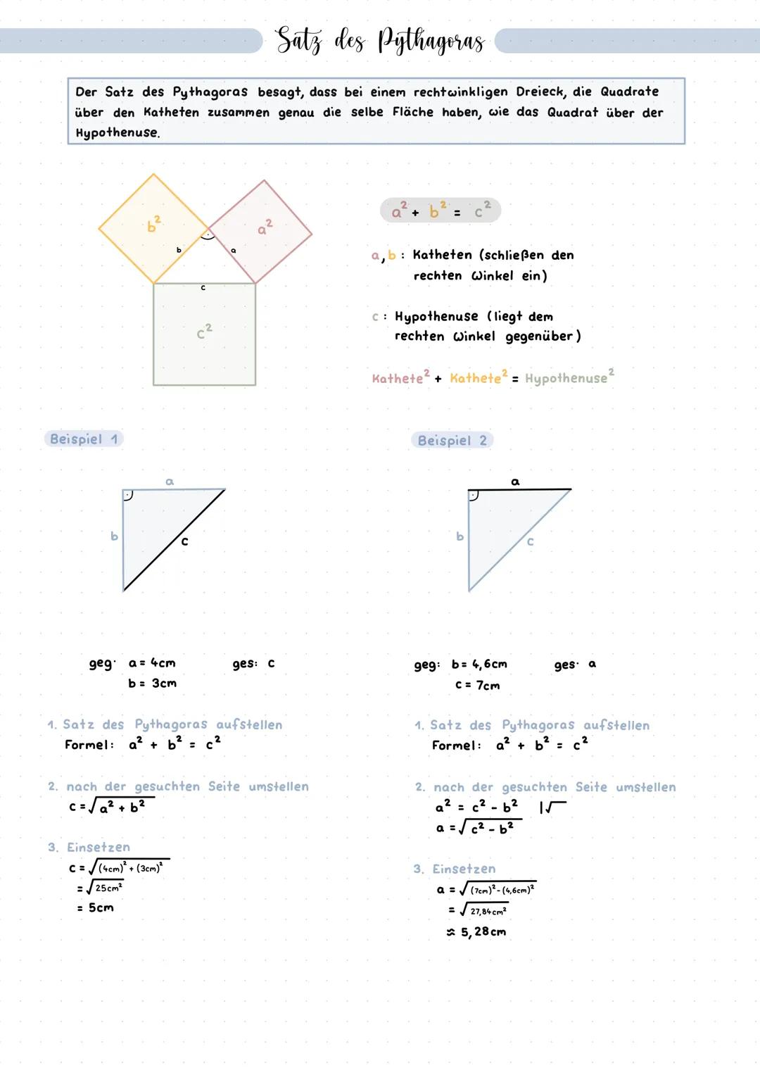 Satz des Pythagoras
Der Satz des Pythagoras besagt, dass bei einem rechtwinkligen Dreieck, die Quadrate
über den Katheten zusammen genau die