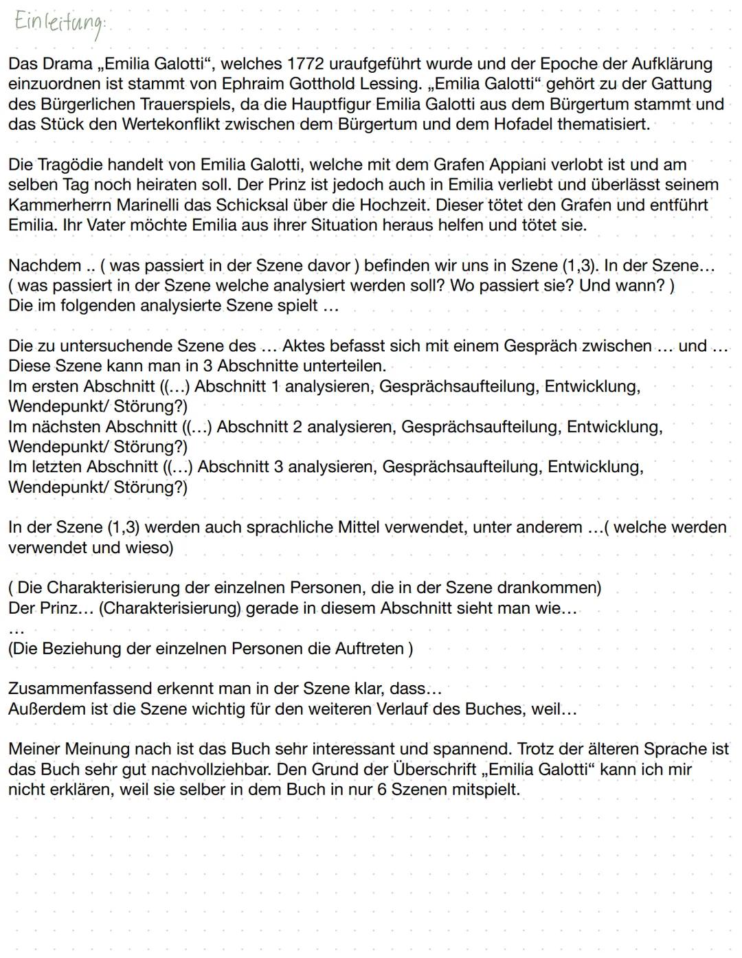 EMILIA galotti
Lernzettel
Szenenanalyse
Einleitung:
-Titel
-Autor
-Textsorte
-Thema
Epoche
Hauptteil:
-Was passiert in der Szene
Grob und w