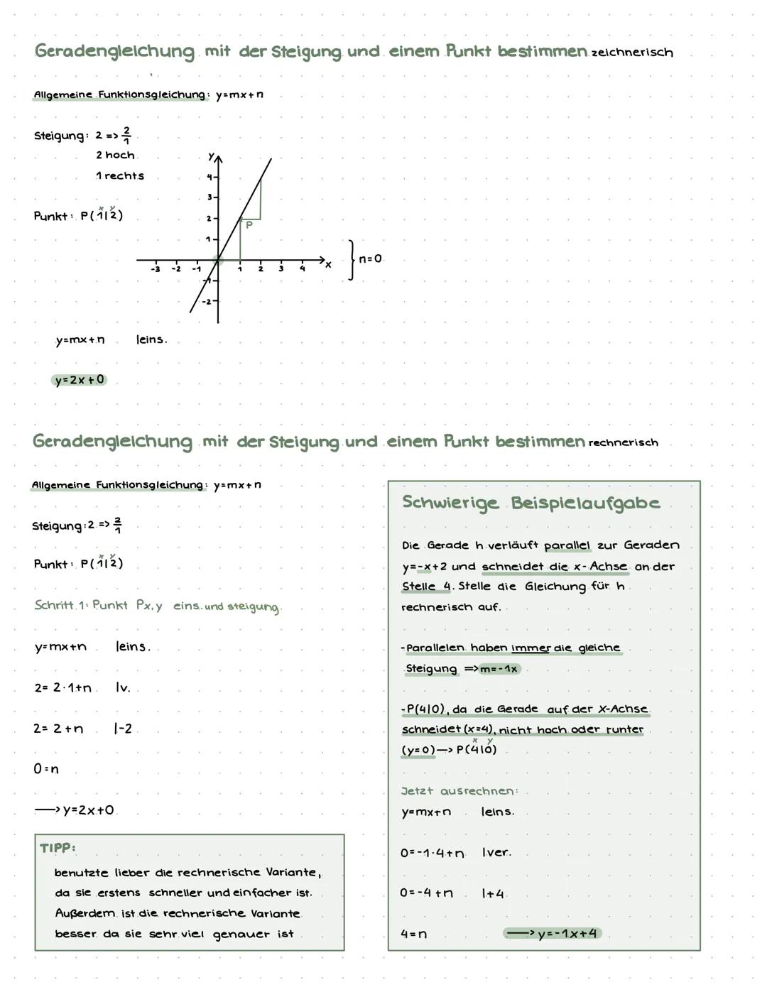 Lineare Funktion und Gleichungen
Themen.
-Gerade zu einer Gleichung zeichnen
-Geradengleichung anhand des Graphen bestimmen
-Geradengleichu