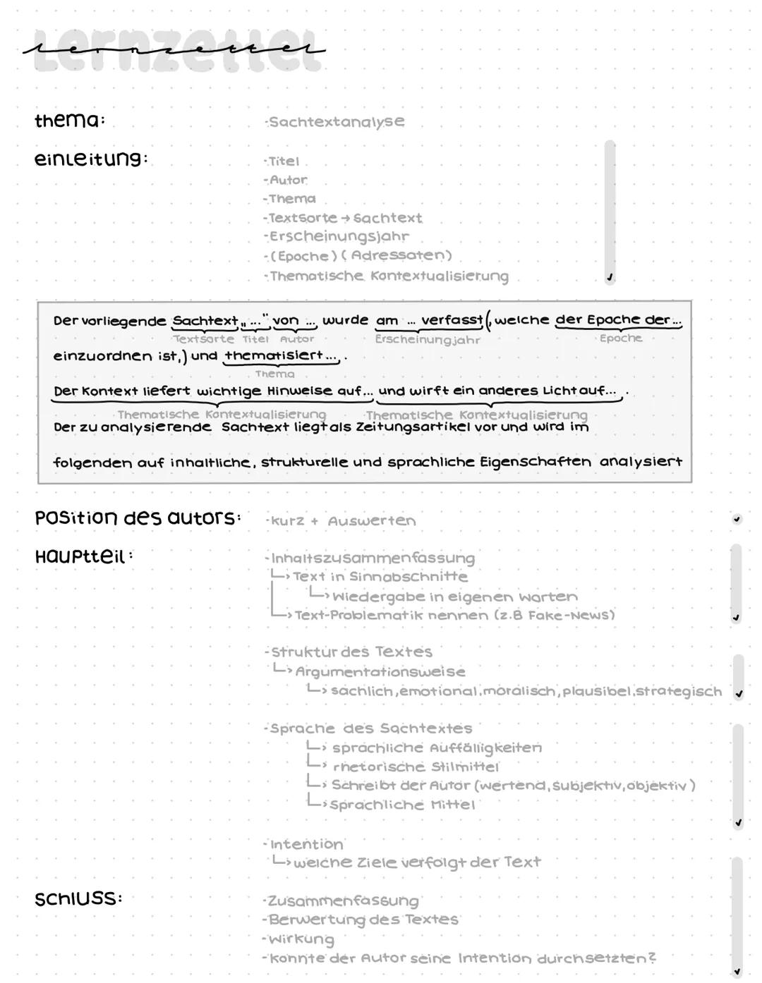 --- OCR Start ---
sensener
Sachtextanalyse
thema:
einleitung:
Titel
-Autor
-Thema
-Textsorte Sachtext
-Erscheinungsjahr
-(Epoche) (Adressat