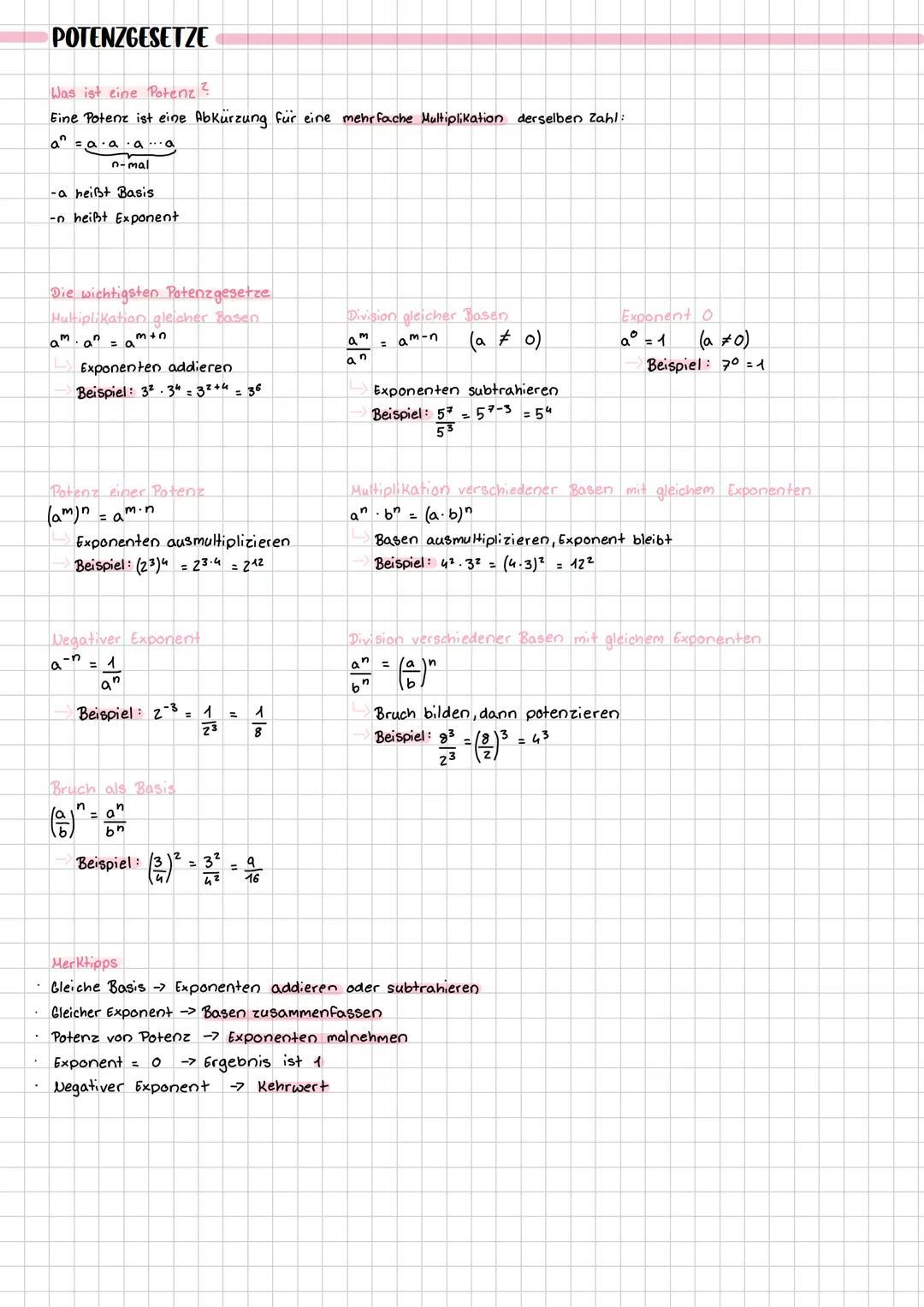 POTENZGESETZE
Was ist eine Potenz?
Eine Potenz ist eine Abkürzung für eine mehrfache Multiplikation derselben Zahl:
aaaa...a
n-mal
-a heißt