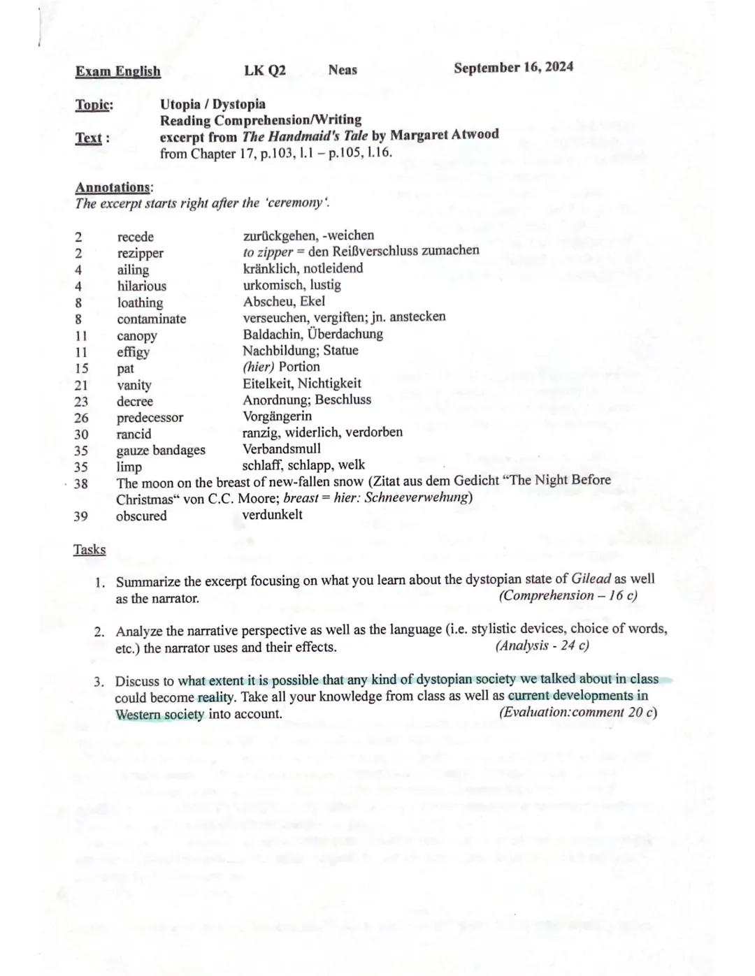 Englisch LK Klausur Utopia/Dystopia