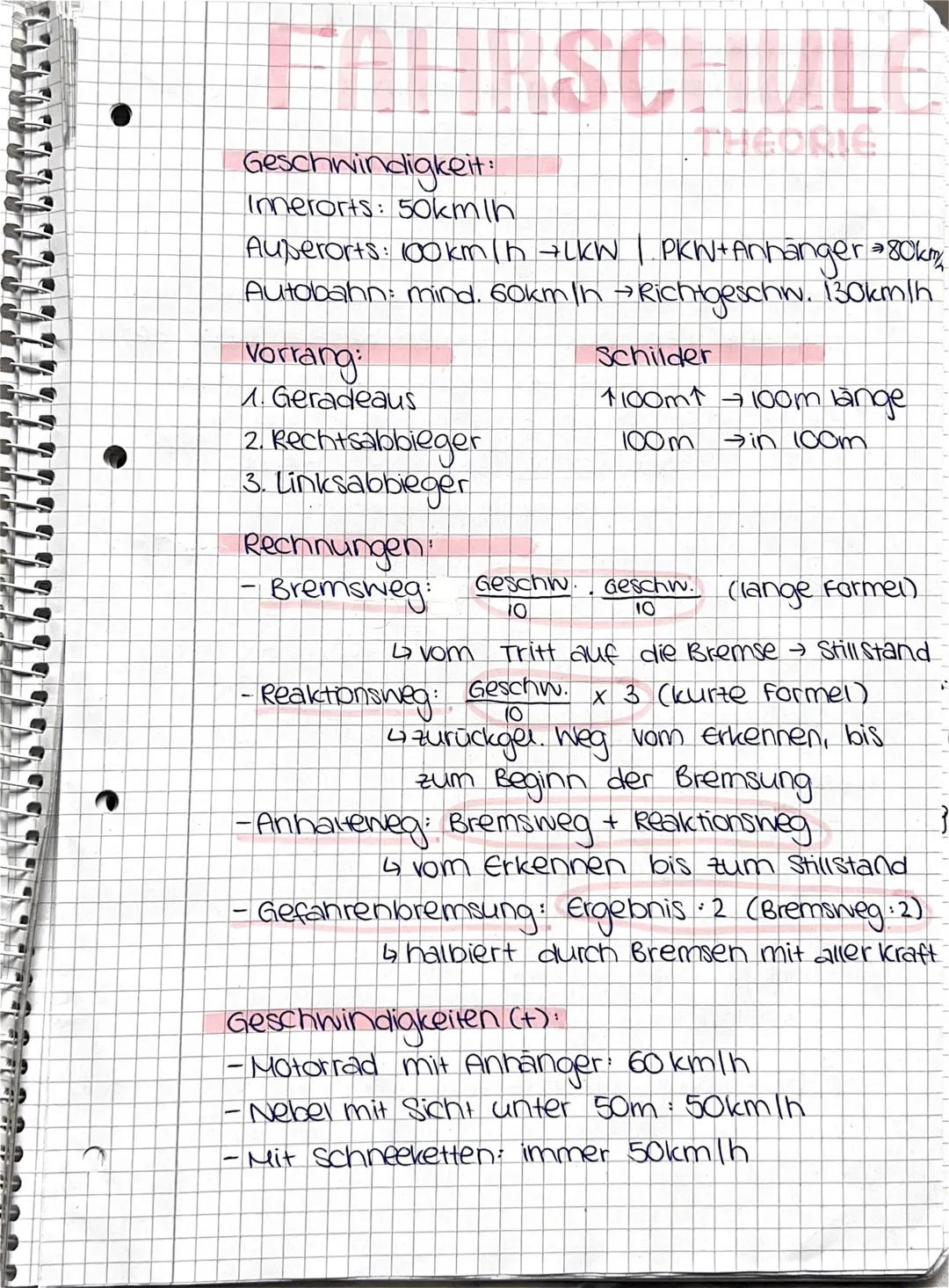 # FAHRSCHULE
## Geschwindigkeit:
- Imorts: 50km/h
- Außerorts: 100km/h → LKW | PKW+Anhänger >80%
- Autobahn: mind. 60km/h → Richtigeschw.