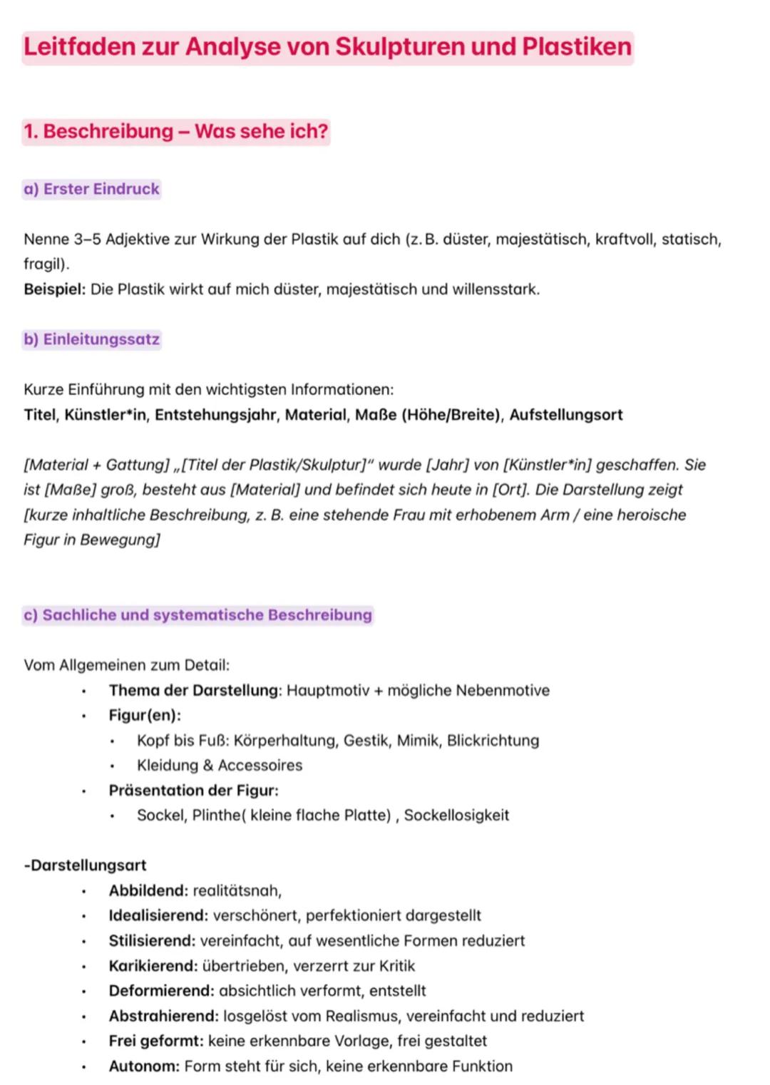 Leitfaden zur Analyse von Skulpturen und Plastiken
1. Beschreibung - Was sehe ich?
a) Erster Eindruck
Nenne 3-5 Adjektive zur Wirkung der Pl