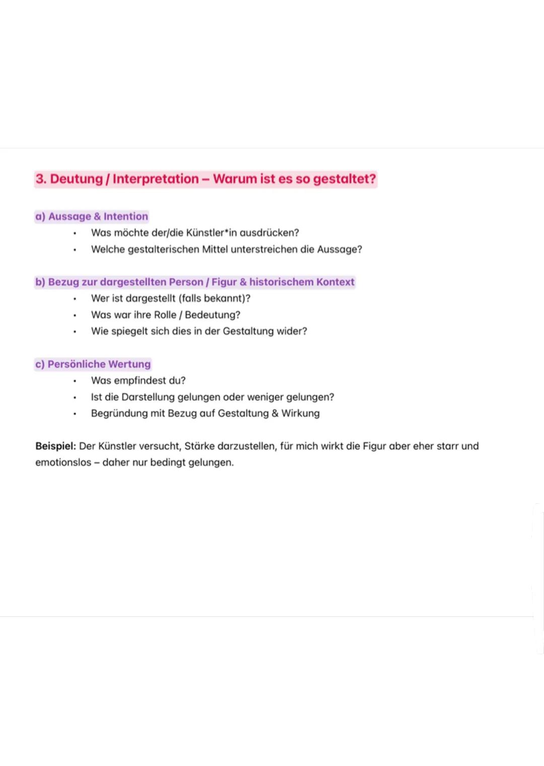 Leitfaden zur Analyse von Skulpturen und Plastiken
1. Beschreibung - Was sehe ich?
a) Erster Eindruck
Nenne 3-5 Adjektive zur Wirkung der Pl