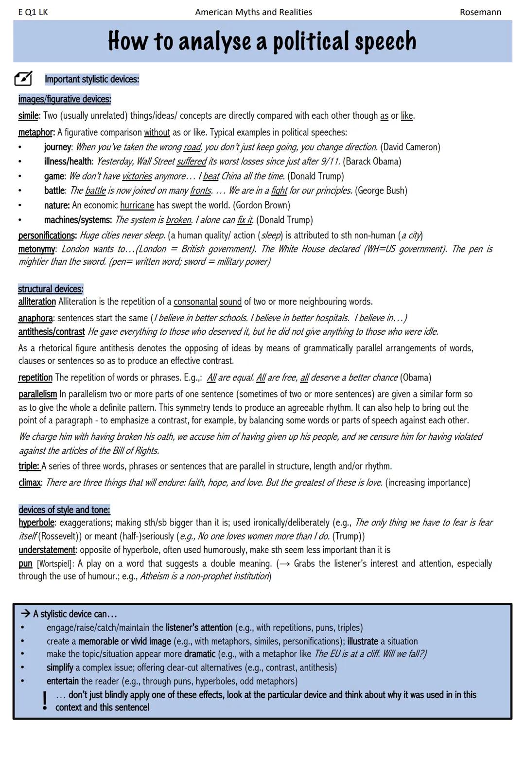 E Q1 LK
American Myths and Realities
Rosemann
How to analyse a political speech
Analysing (political) speeches
(Political) speeches, e.g., b