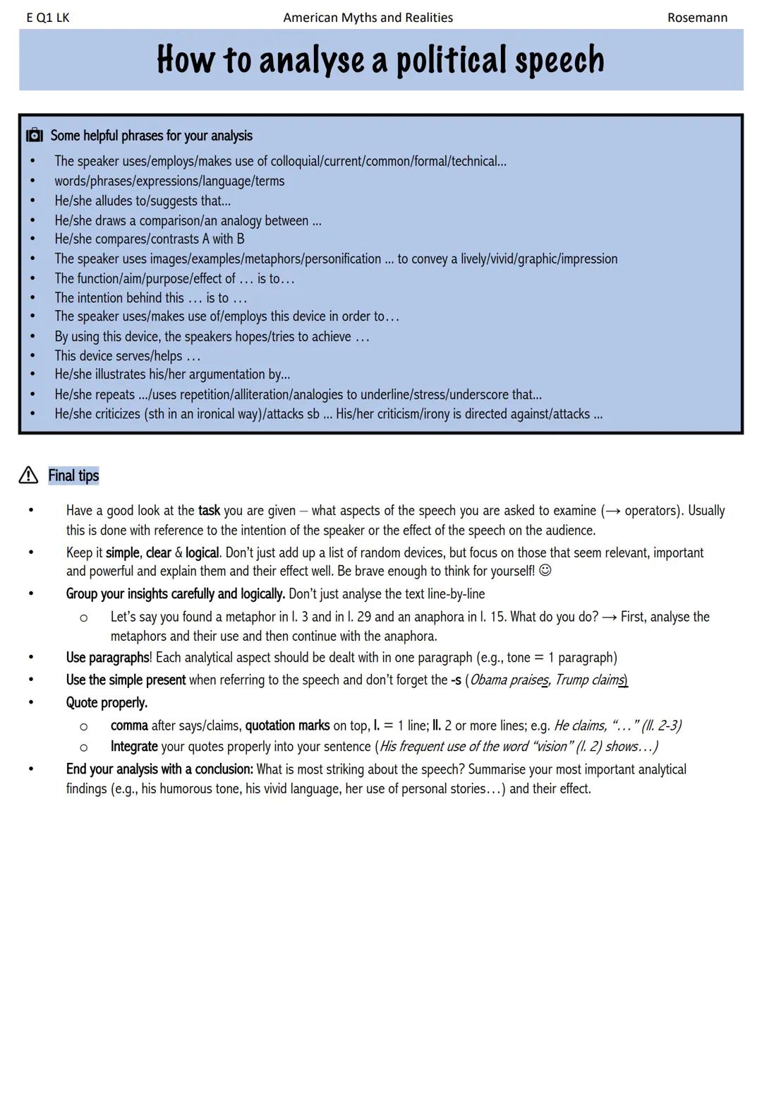 E Q1 LK
American Myths and Realities
Rosemann
How to analyse a political speech
Analysing (political) speeches
(Political) speeches, e.g., b