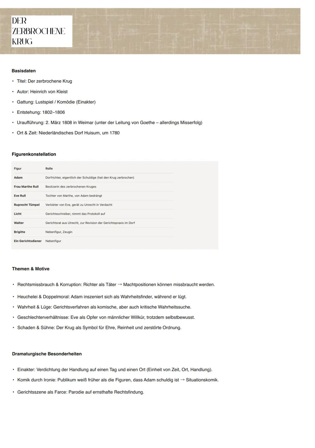 Der zerbrochene Krug Lernzettel & Zusammenfassung