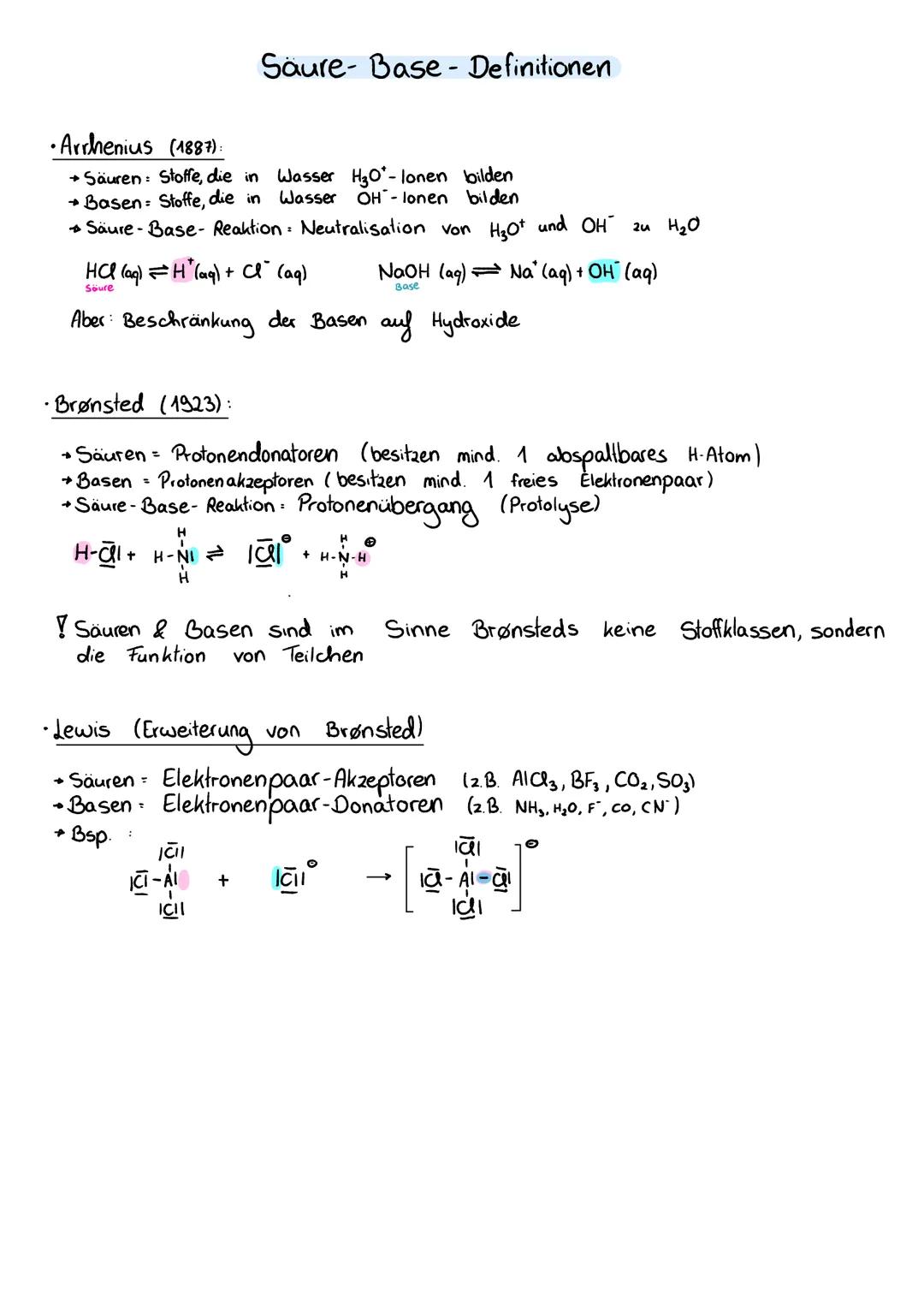 Säuren & Basen
• Säuren = Protonendonatoren
→besitzen einen polar gebundenen Wasserstoff, den sie in Wasser abgeben
$\rightarrow_{P}H<7\righ