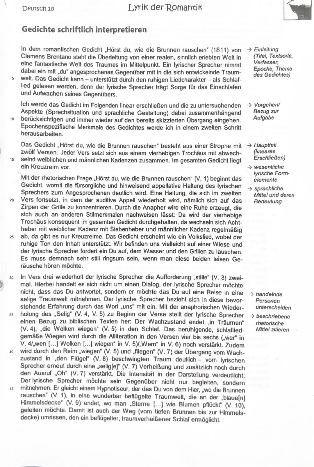 ## Deutsch 10
## Lyrik der Romantik
### Gedichte schriftlich interpretieren
In dem romantischen Gedicht „Hörst du, wie die Brunnen rauschen