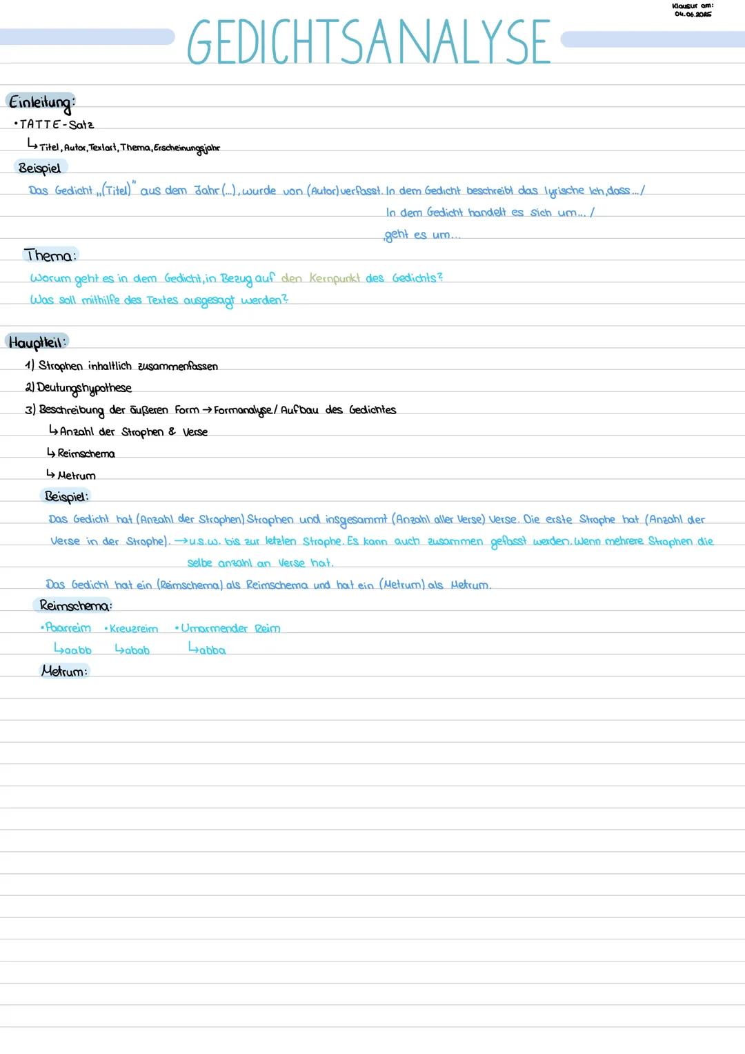 --- OCR Start ---
GEDICHTSANALYSE
Einleitung:
•TATTE-Sätze
L→Titel, Autor, Textart, Thema, Erscheinungsjahr
Beispiel
Das Gedicht,,(Titel)“ a