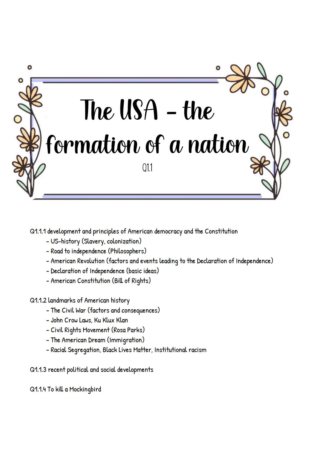 IN HALTSVERZEICHNIS ABITUR
Englisch
Q1.1 The USA - the formation of a nation
Q1.1.1 development and principles of American democracy and the