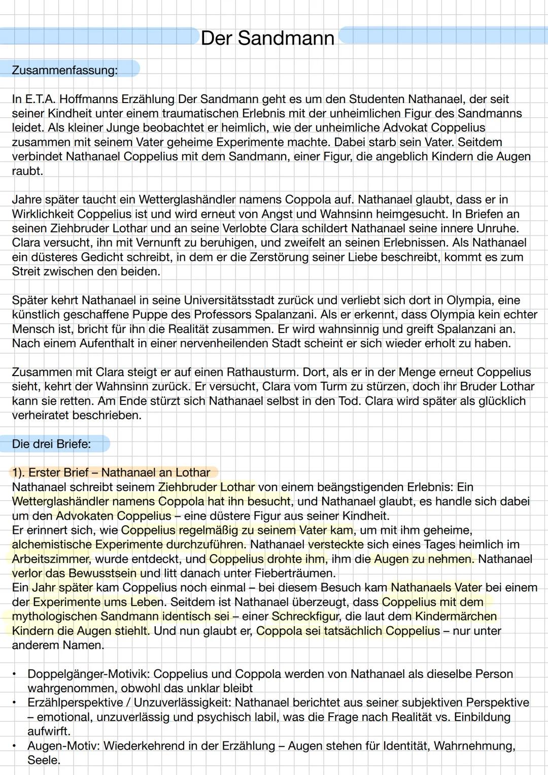 Der Sandmann
Zusammenfassung:
In E.T.A. Hoffmanns Erzählung Der Sandmann geht es um den Studenten Nathanael, der seit
seiner Kindheit unter