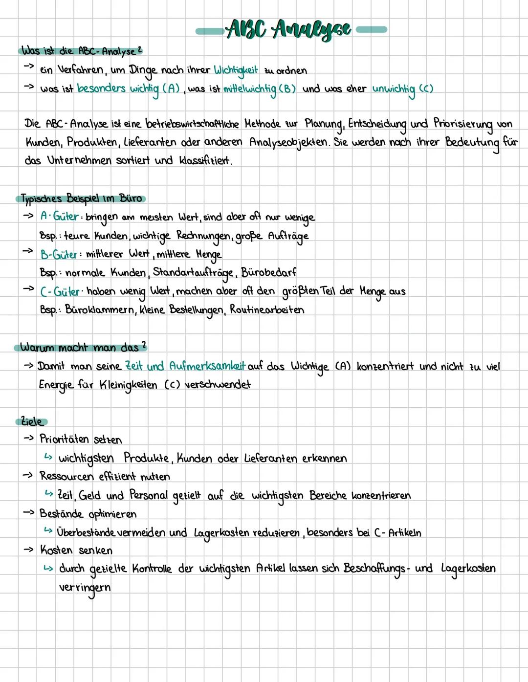 --- ABC Analyse
Was ist die ABC-Analyse?
→ ein Verfahren, um Dinge nach ihrer Wichtigkeit zu ordnen
→ was ist besonders wichtig (A), was ist
