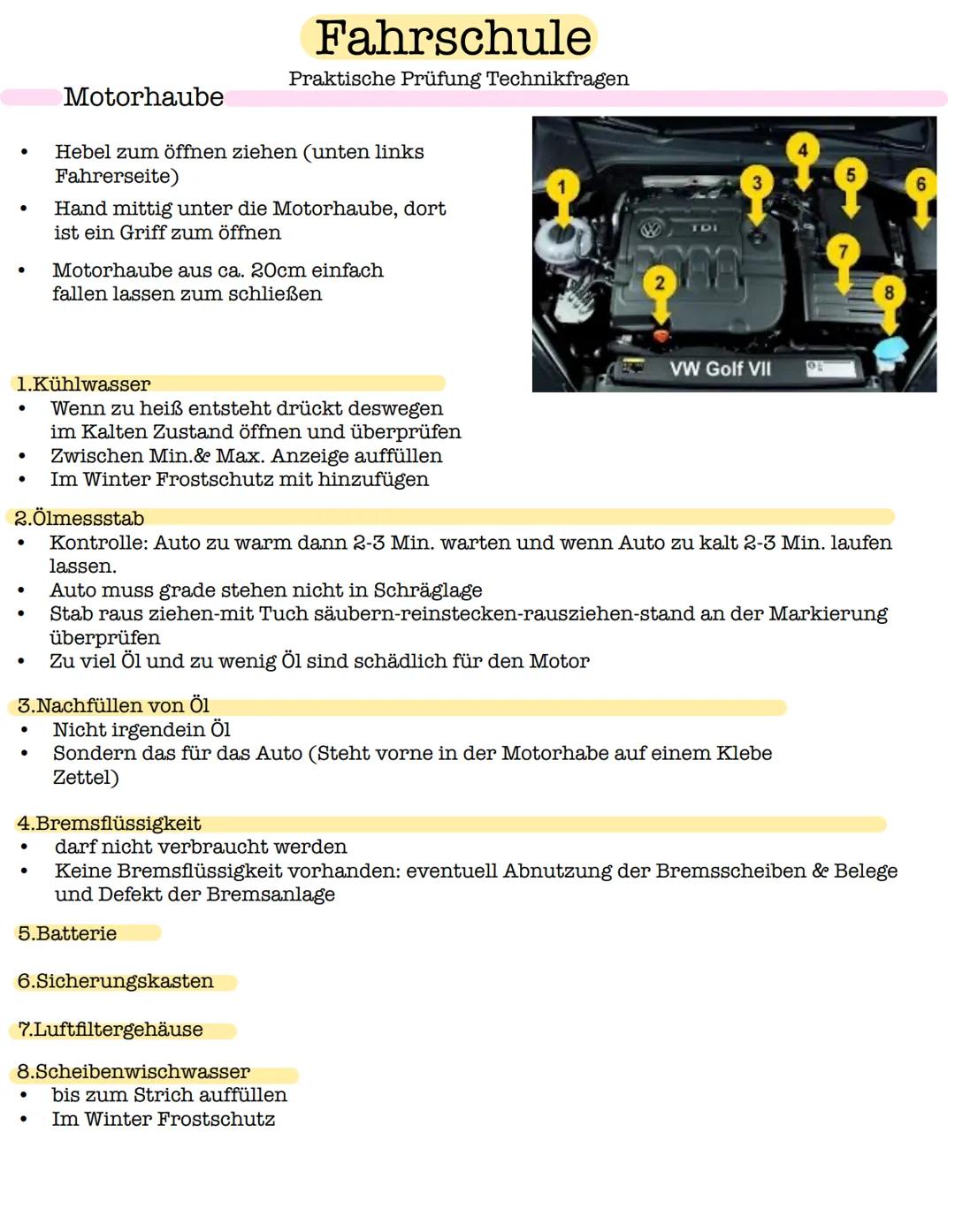 ## Motorhaube
STOP
## Lichter
STOP
## Reifen
STOP
## Überprüfen
STOP
## Fahrschule
Praktische Prüfung Technikfragen Fahrschule
Praktische P