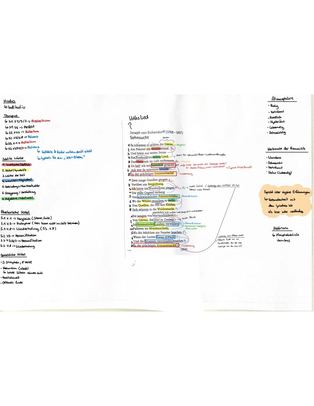 Joseph von Eichendorf "Sehnsucht" Gedicht Vorarbeit