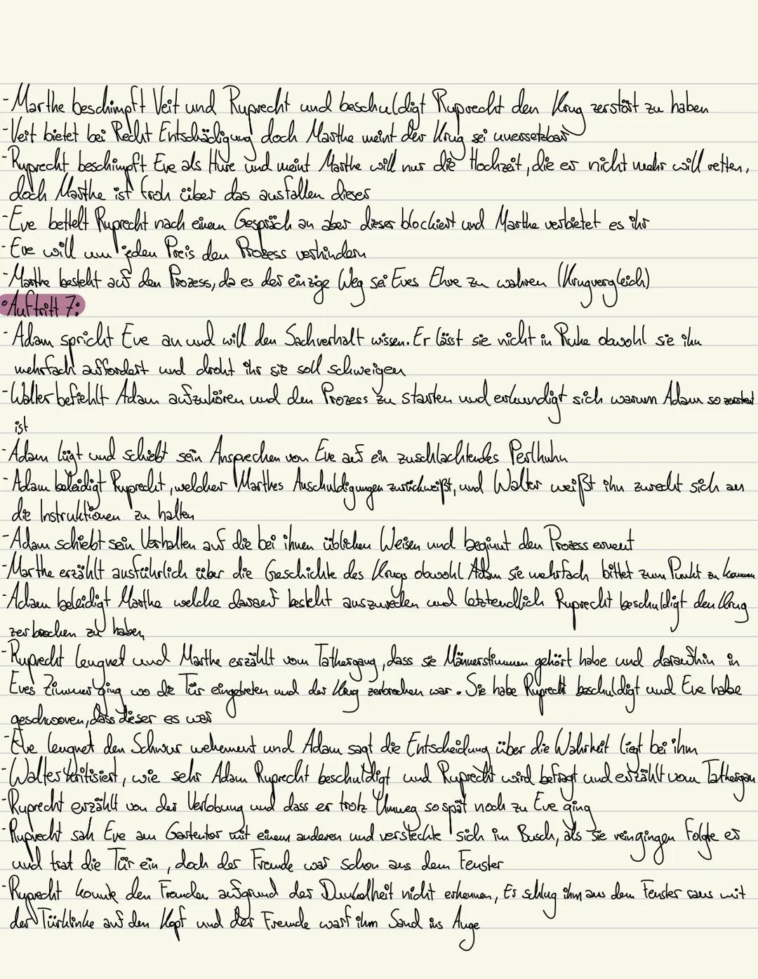 DEUTSCH-LERNZETTEL 012
Inhalt des zerbrochenen Krugs:
•Auftritt 1:
Adam sitet in seiver Richterstube und Licht tritt hinzu und bemerkt sein