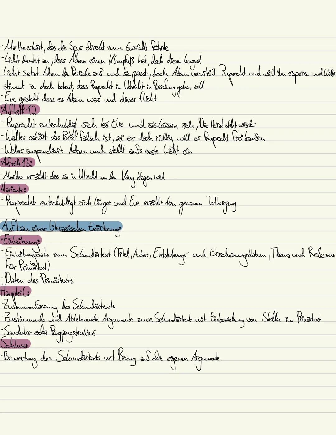 DEUTSCH-LERNZETTEL 012
Inhalt des zerbrochenen Krugs:
•Auftritt 1:
Adam sitet in seiver Richterstube und Licht tritt hinzu und bemerkt sein