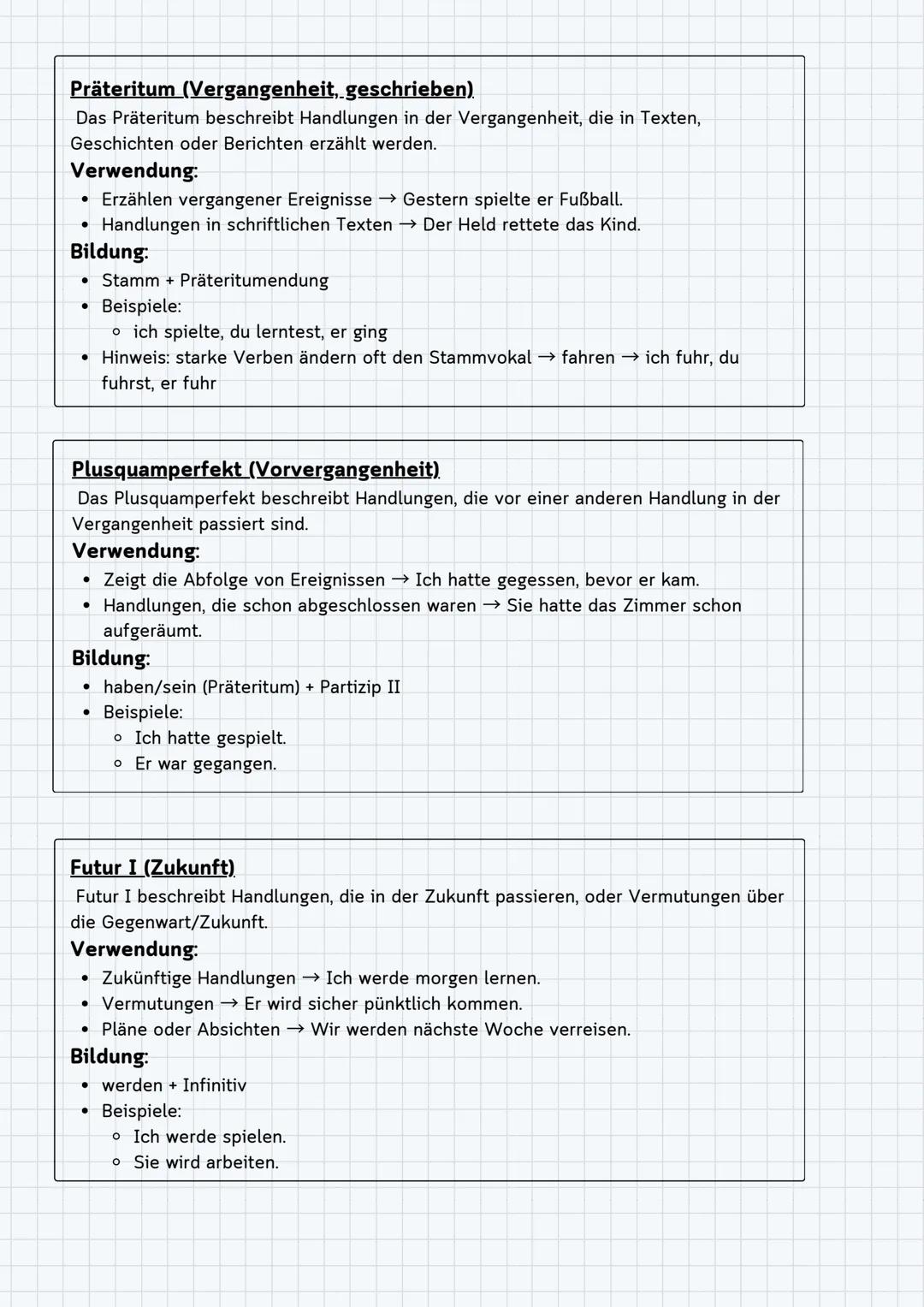 ## Deutsche Grammatik Zusammenfassung INHALTSVERZEICHNIS
Verben
• Allgemeines
• Zeitformen
■ Präsens
■ Perfekt
■ Präteritum
■ Plusquamperfek