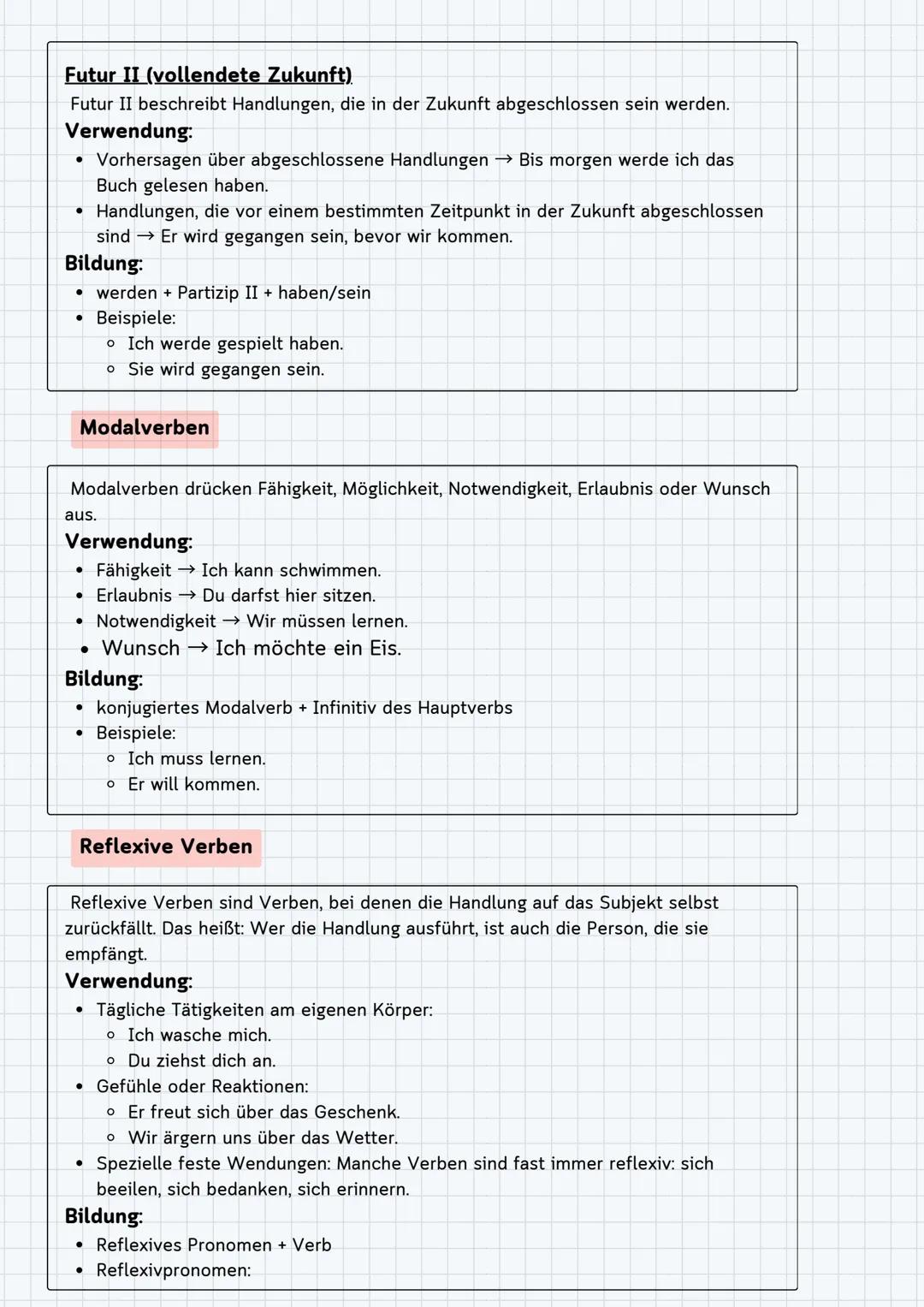 ## Deutsche Grammatik Zusammenfassung INHALTSVERZEICHNIS
Verben
• Allgemeines
• Zeitformen
■ Präsens
■ Perfekt
■ Präteritum
■ Plusquamperfek