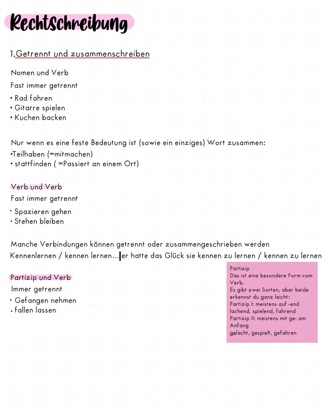 # Rechtschreibung
1.Getrennt und zusammenschreiben
Nomen und Verb
Fast immer getrennt
* Rad fahren
* Gitarre spielen
* Kuchen backen
Nur