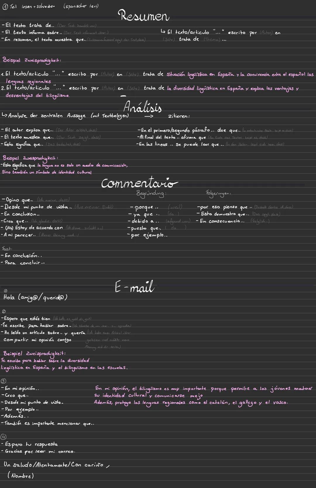 Spanisch Zusammenfassung, Analyse, Kommentar, E-Mail | Lernzettel, Formulierungshilfen Nrw Q2