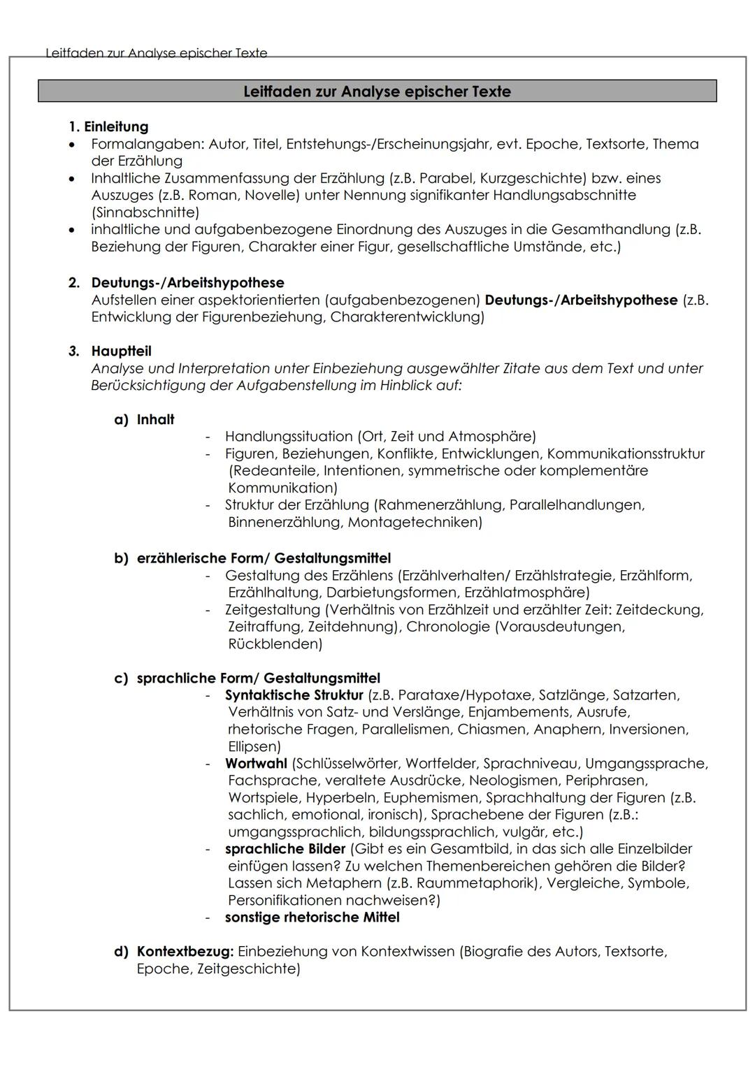 # Leitfaden zur Analyse epischer Texte.
Leitfaden zur Analyse epischer Texte
1. Einleitung
- Formalangaben: Autor, Titel, Entstehungs-/Ers