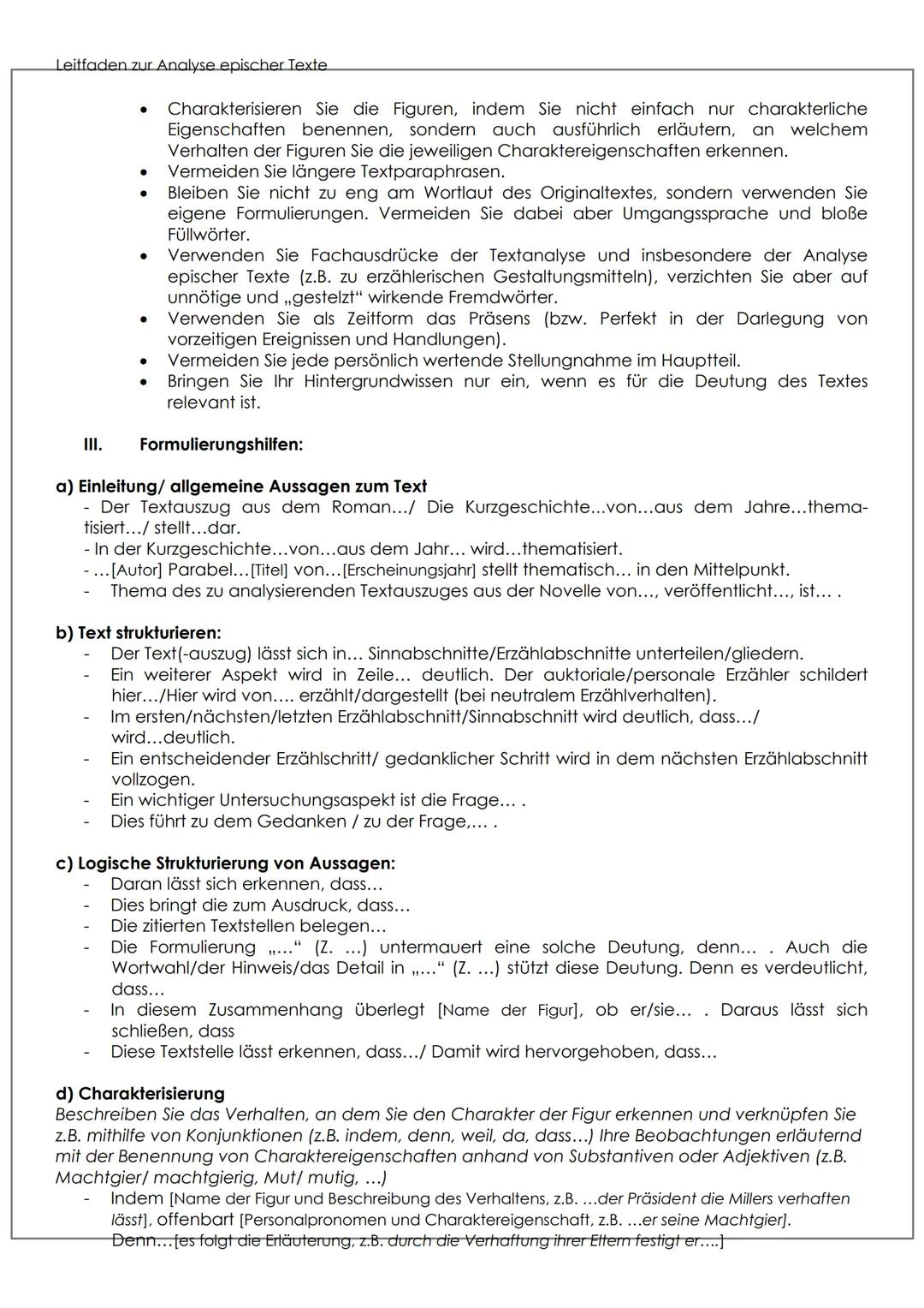 # Leitfaden zur Analyse epischer Texte.
Leitfaden zur Analyse epischer Texte
1. Einleitung
- Formalangaben: Autor, Titel, Entstehungs-/Ers