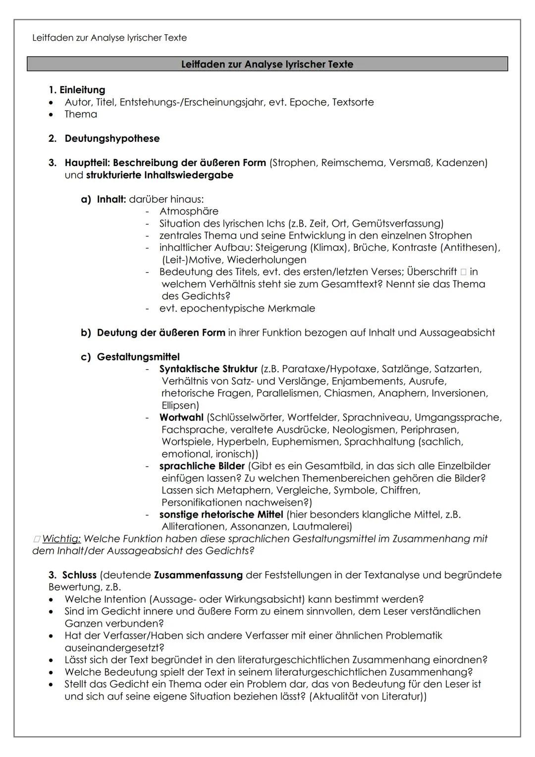 # Leitfaden zur Analyse epischer Texte.
Leitfaden zur Analyse epischer Texte
1. Einleitung
- Formalangaben: Autor, Titel, Entstehungs-/Ers
