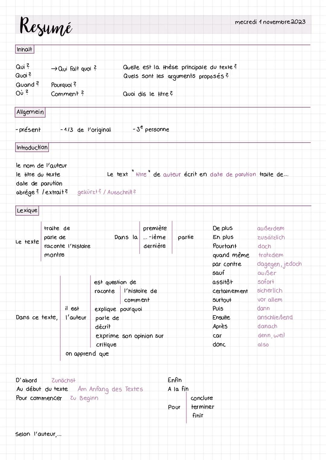 mecredi 1 novembre 2023
# Resumé
Inhalt
Qui?
Quoi?
Quand ?
Ούτ
→Qui fait quoi ?
Pourquoi ?
Comment?
Quelle est la thèse principale du t