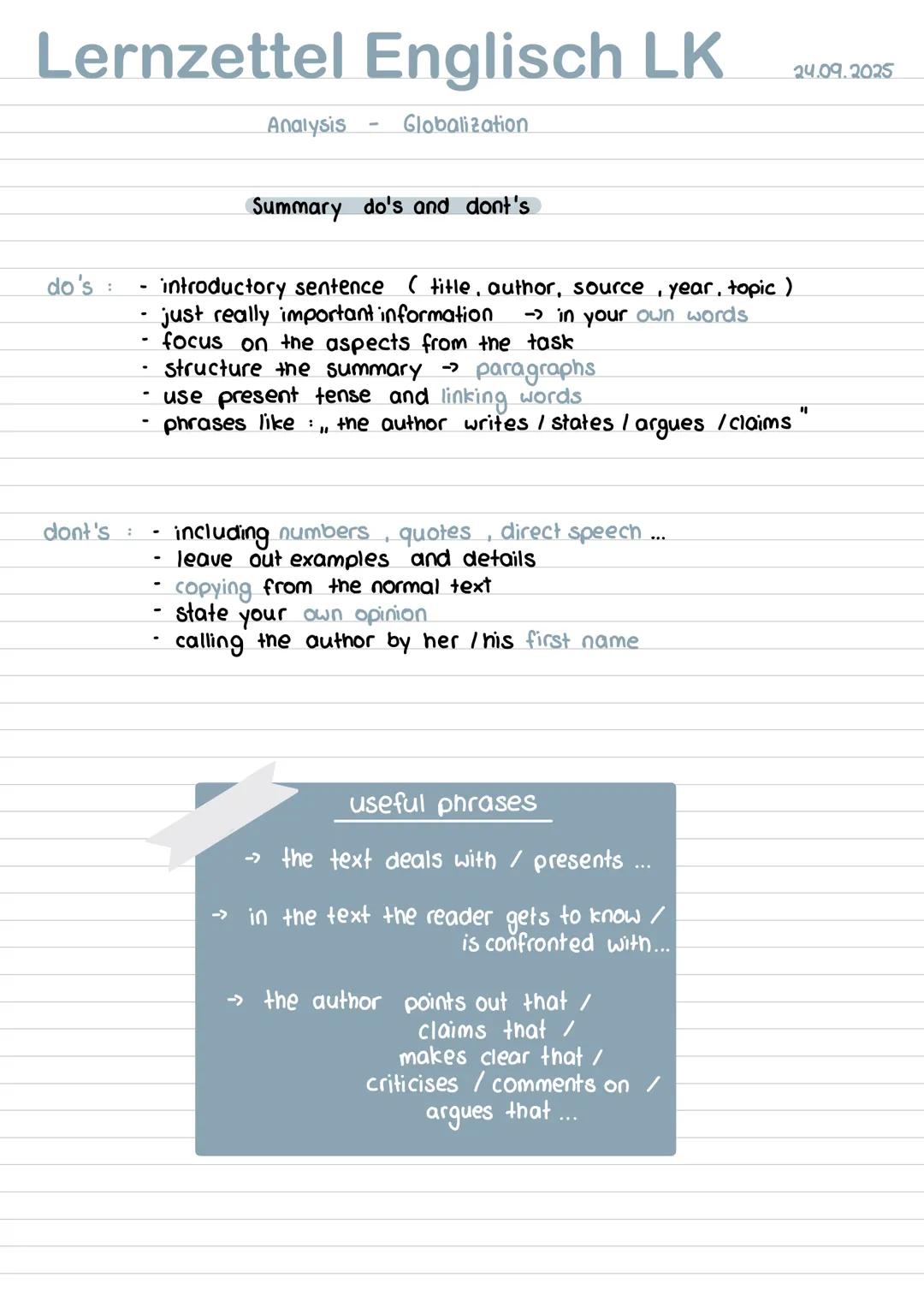 Lernzettel Englisch LK
Analysis Globalization
Summary do's and dont's
introductory sentence (title, author, source, year, topic)
do's: ju