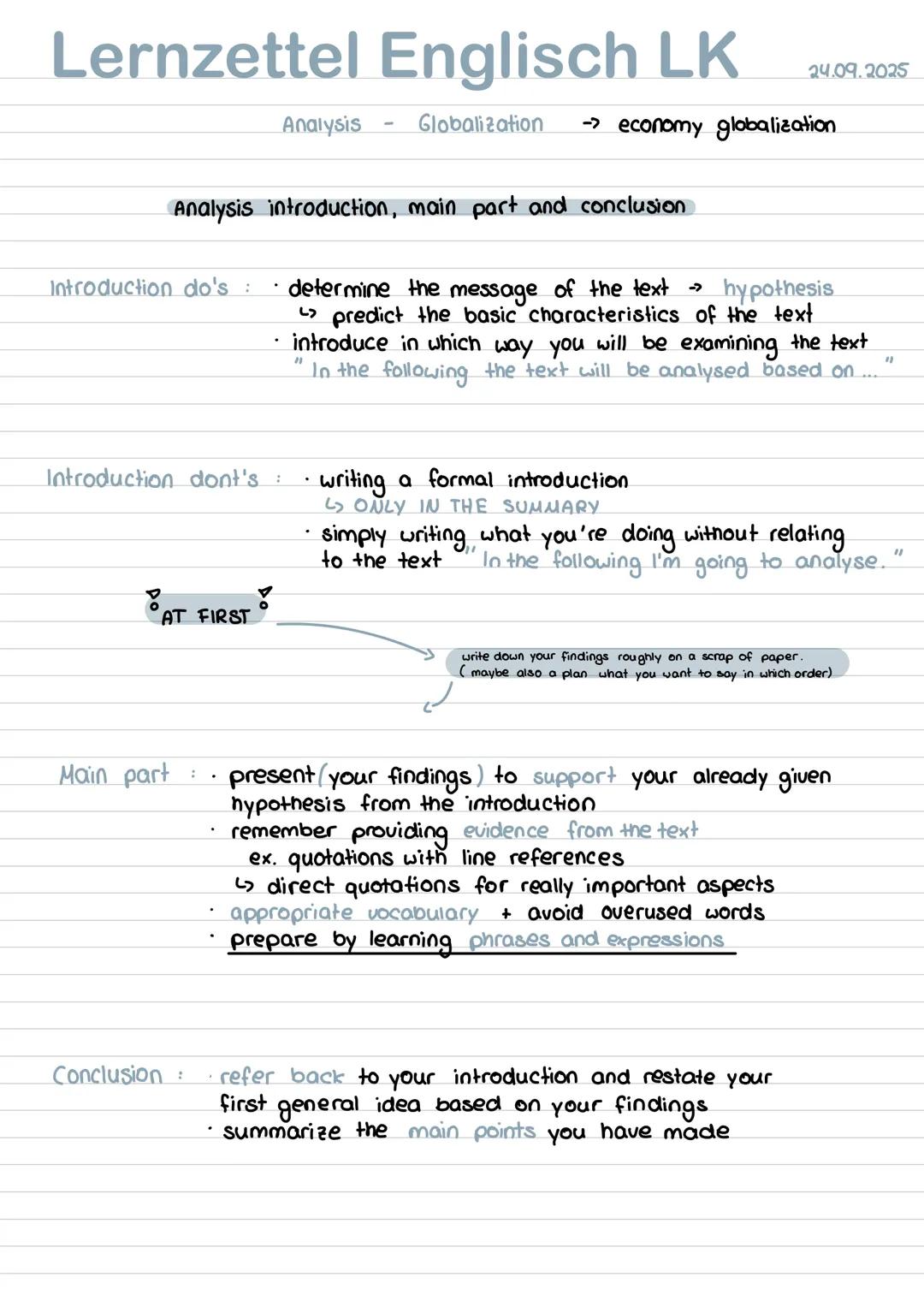 Lernzettel Englisch LK
Analysis Globalization
Summary do's and dont's
introductory sentence (title, author, source, year, topic)
do's: ju