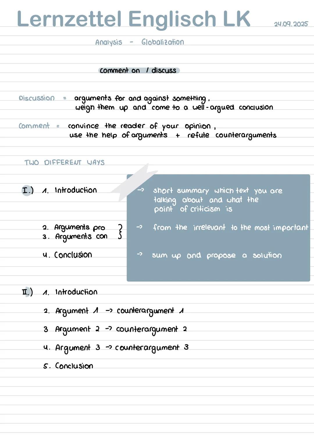 Lernzettel Englisch LK
Analysis Globalization
Summary do's and dont's
introductory sentence (title, author, source, year, topic)
do's: ju
