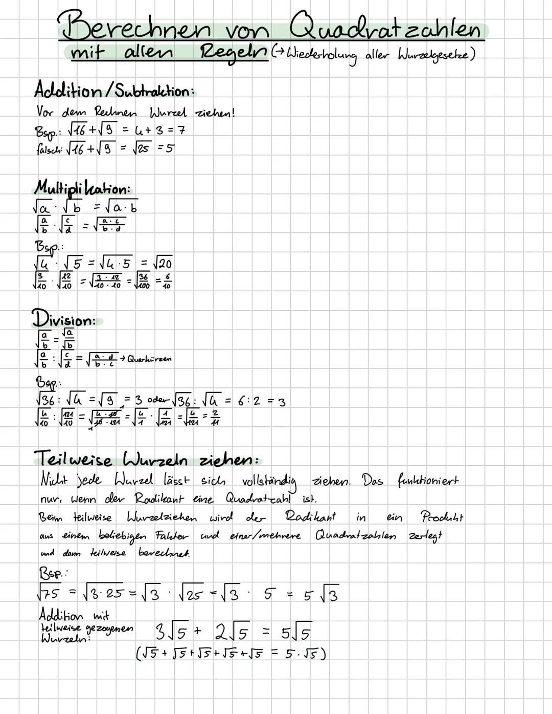 # Berechnen von Quadrat zahlen
mit allen Regeln (Wiederholung aller Wurzelgesetze)
Addition/Subtraktion:
Vor dem Rechnen Wurzel ziehen!
Bsp