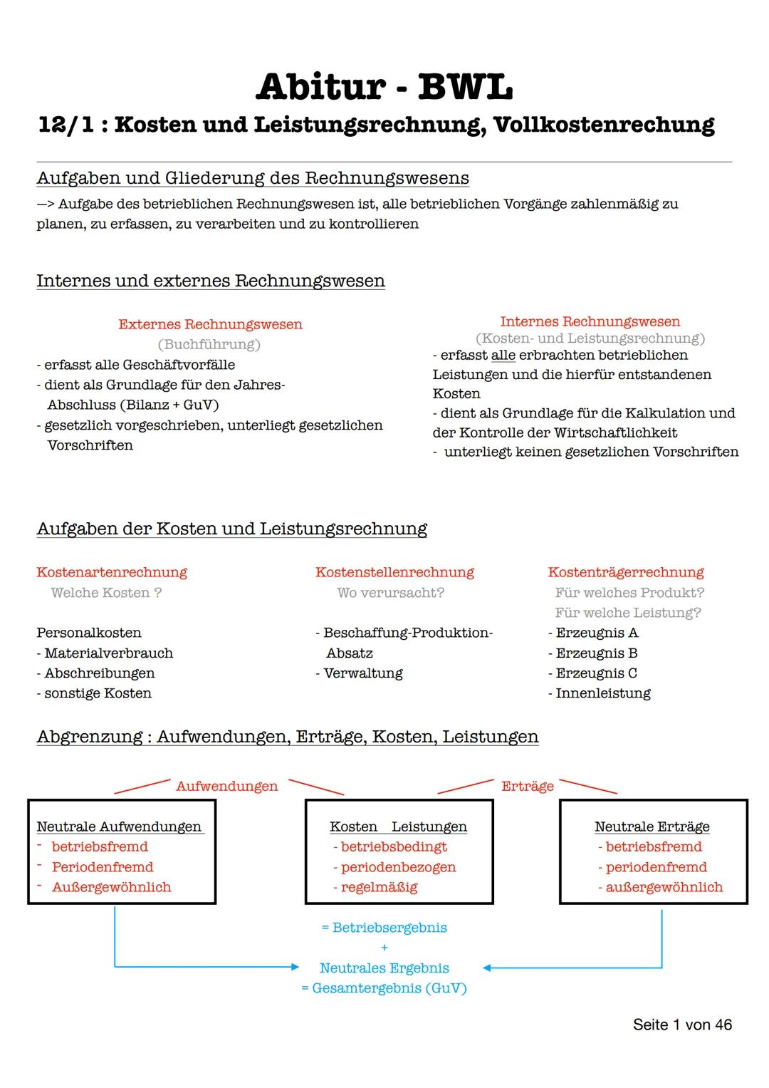 # Abitur - BWL
12/1: Kosten und Leistungsrechnung, Vollkostenrechung
Aufgaben und Gliederung des Rechnungswesens
-> Aufgabe des betrieblich