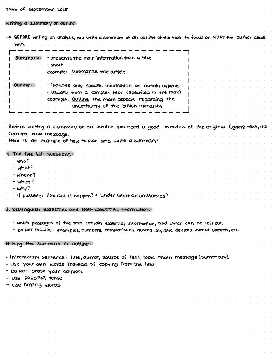 Writing a summary or an outline, Englisch Q1