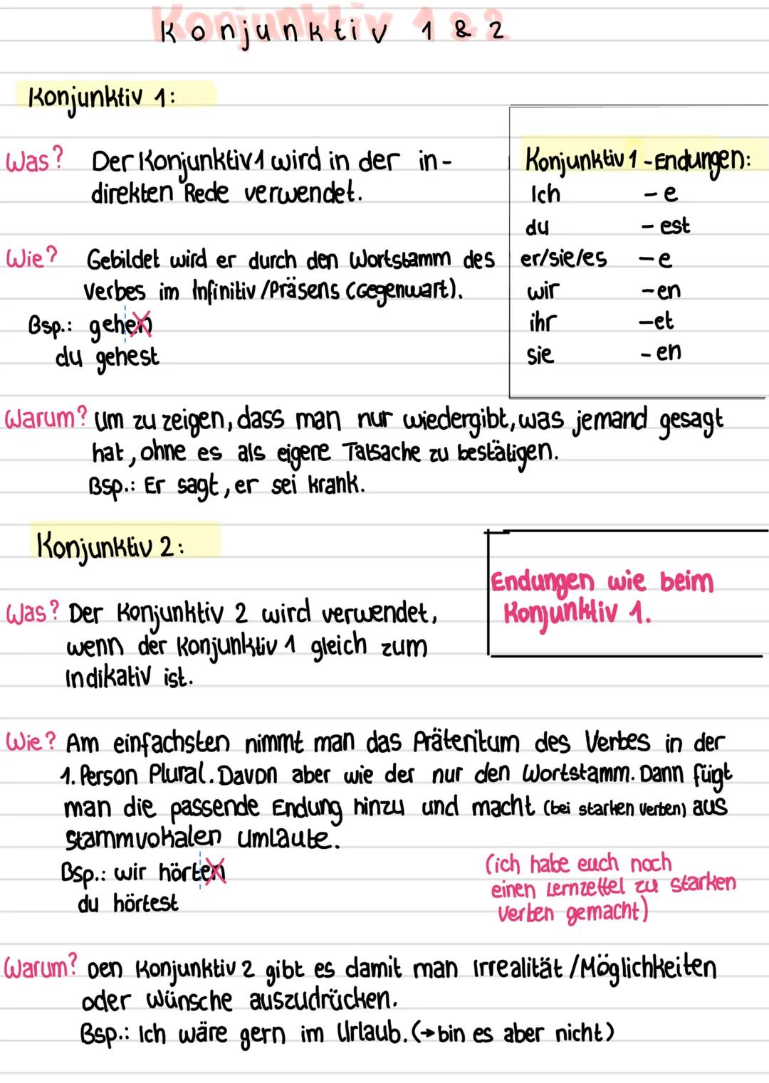 # Konjunktiv 1&2
Konjunktiv 1:
Was? Der Konjunktiv 1 wird in der in-
direkten Rede verwendet.
Wie? Gebildet wird er durch den Wortstamm de