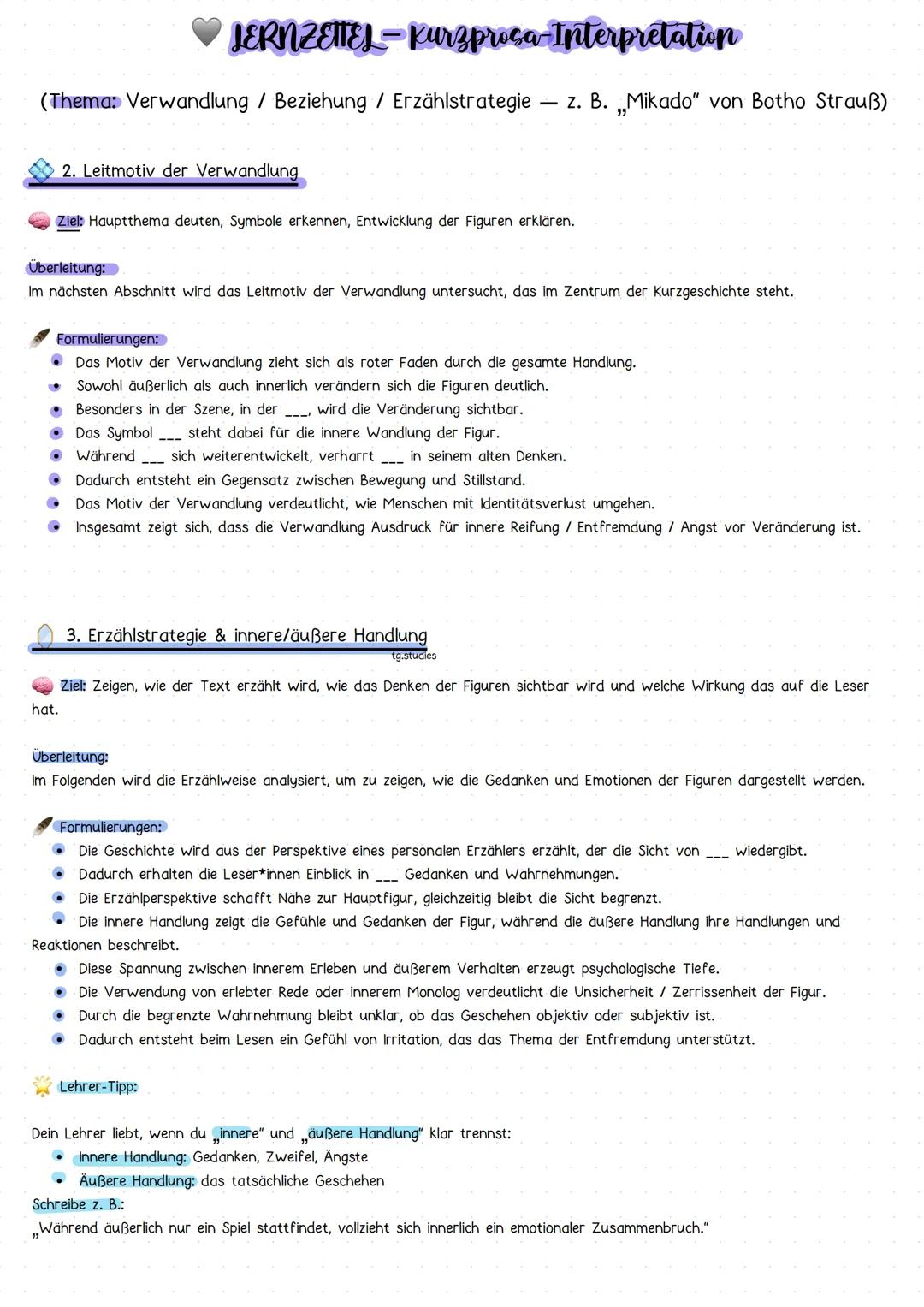 # JERNZETTEL- Kurzprosa-Interpretation
(Thema: Verwandlung / Beziehung / Erzählstrategie z. B. „Mikado" von Botho Strauß)
Aufbau
Der Fünfs