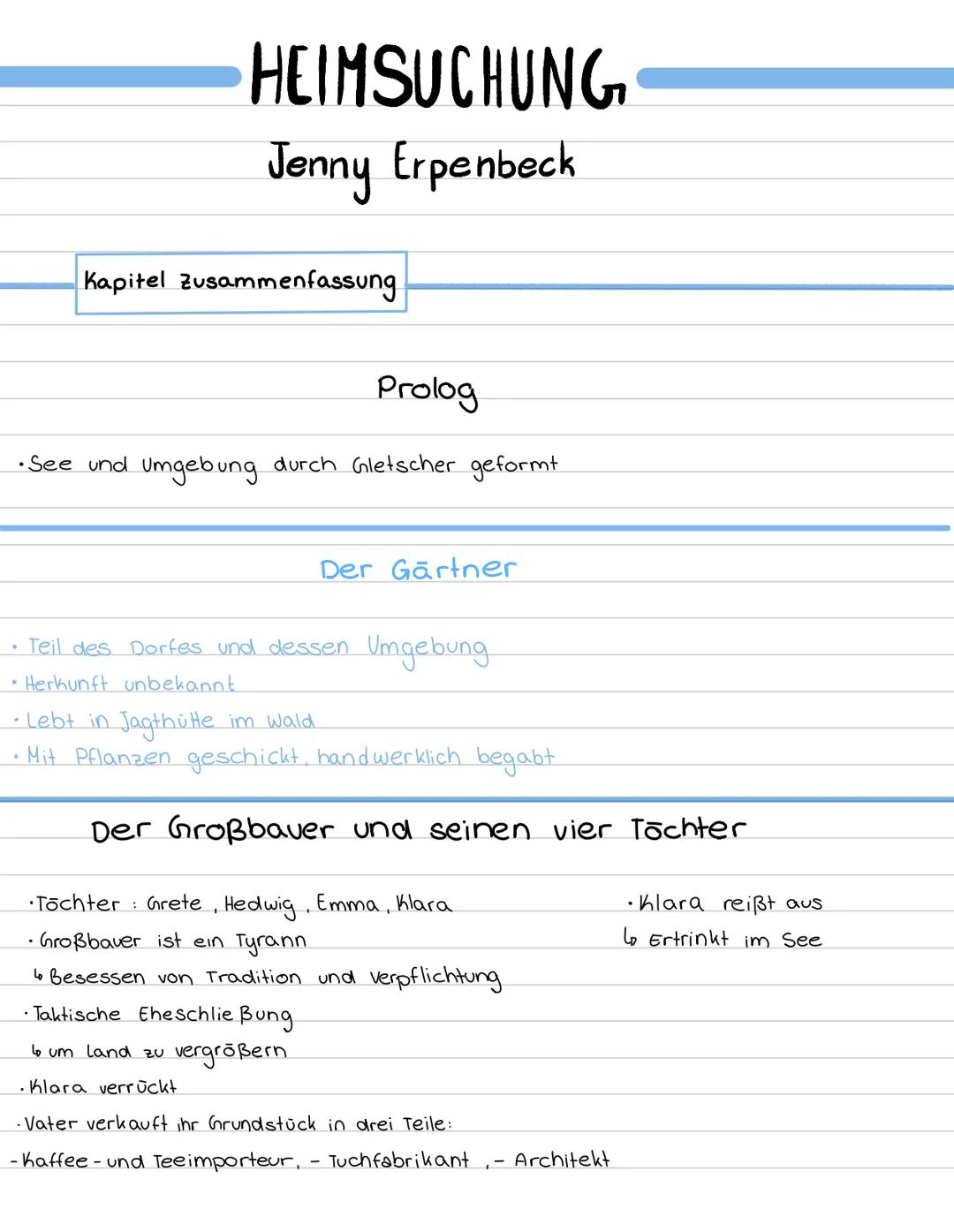 # HEIMSUCHUNG
Jenny Erpenbeck
Kapitel zusammenfassung
Prolog
•See und Umgebung durch Gletscher geformt
Der Gärtner
• Teil des Dorfe