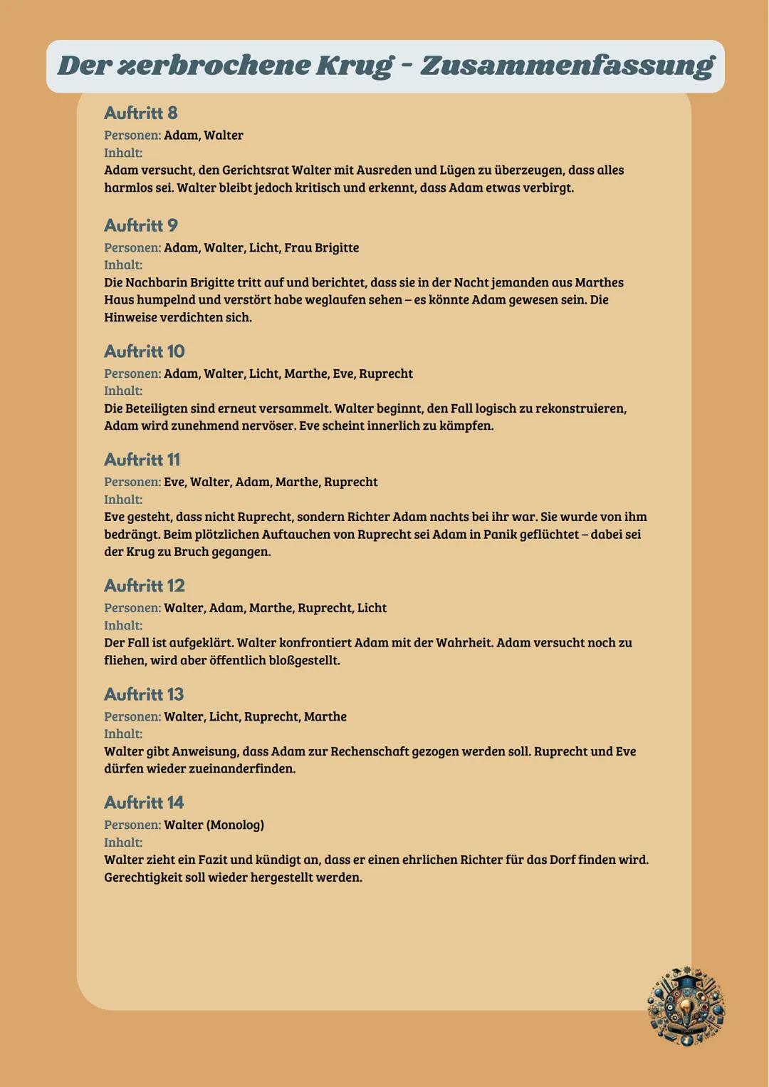 # Der zerbrochene Krug - Zusammenfassung
Auftritt 1
Personen: Adam, Licht
Inhalt:
Der Dorfrichter Adam erscheint mit einer Kopfverletzung (