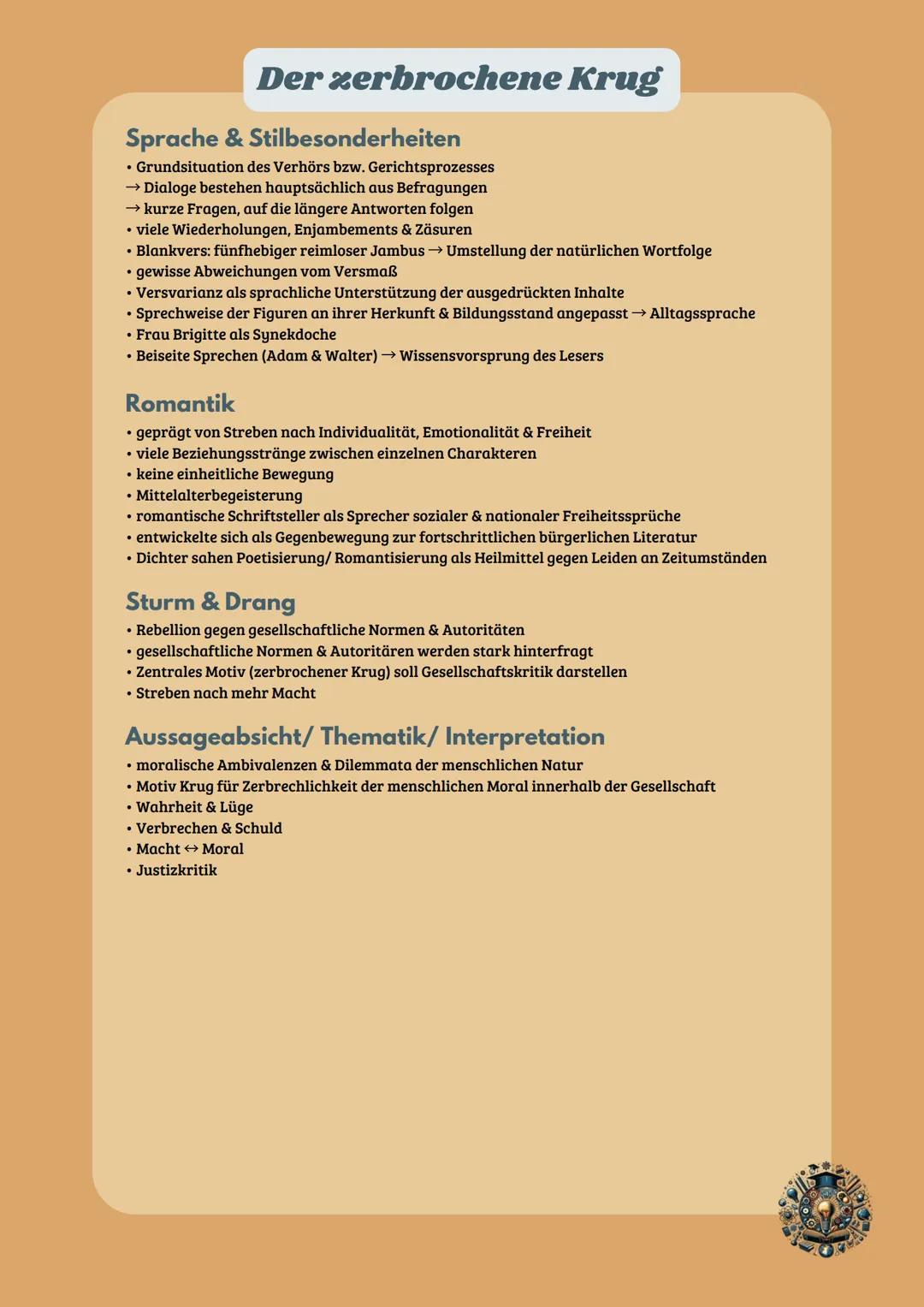 # Der zerbrochene Krug
Sprache & Stilbesonderheiten
- Grundsituation des Verhörs bzw. Gerichtsprozesses
- Dialoge bestehen hauptsächlich au