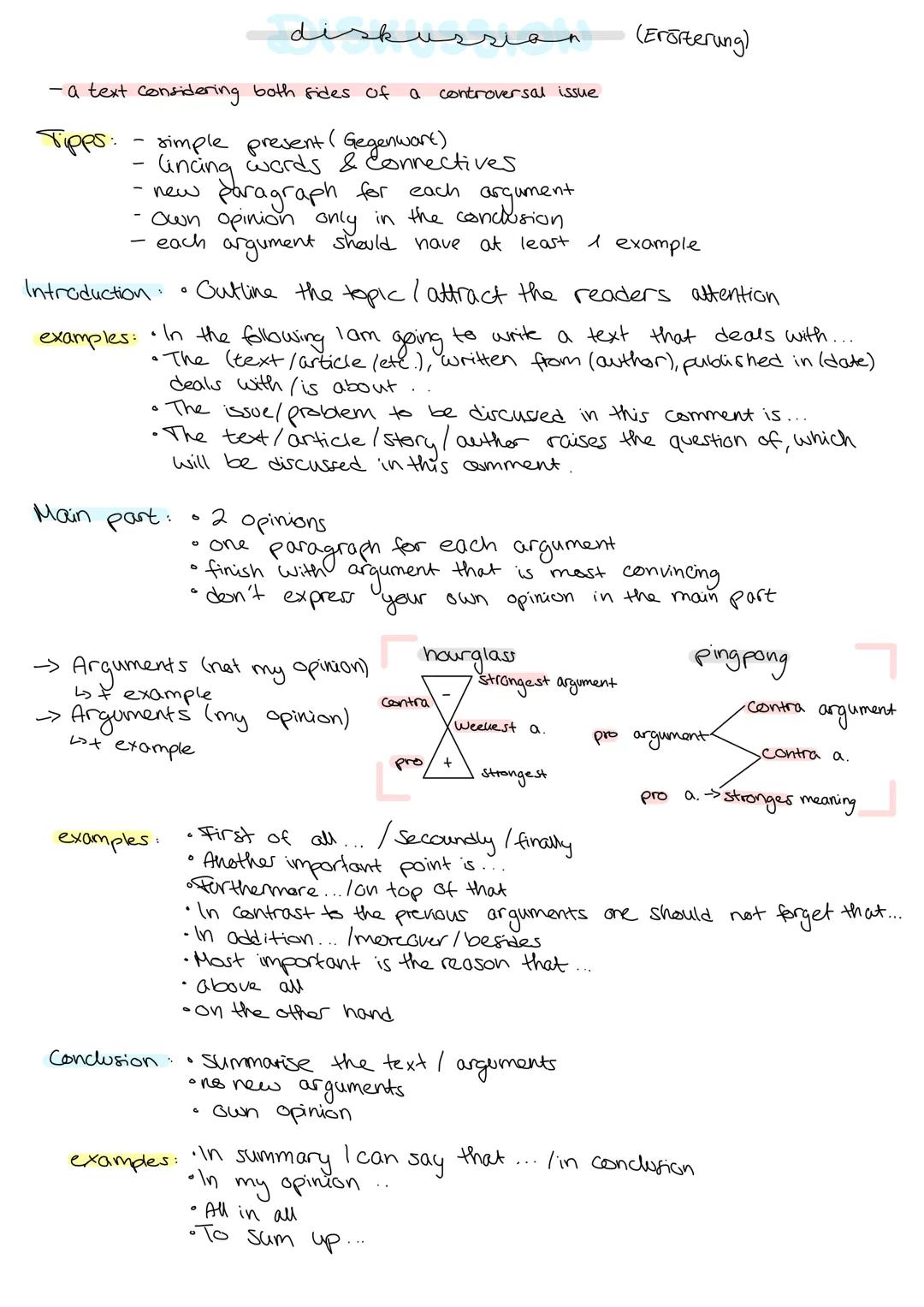 # Diskussion (Erörterung)
- a text considering both sides of a controversial issue
Tips: - simple present (Gegenwart)
- linking words & c