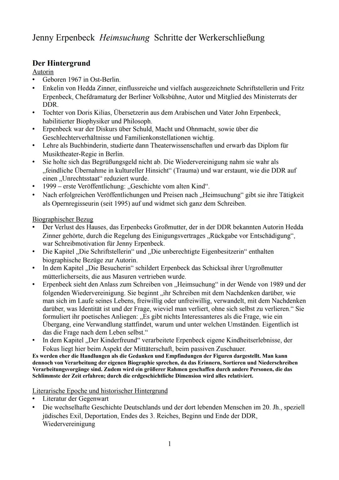 # Jenny Erpenbeck Heimsuchung Schritte der Werkerschließung
## Der Hintergrund
### Autorin
* Geboren 1967 in Ost-Berlin.
* Enkelin vo