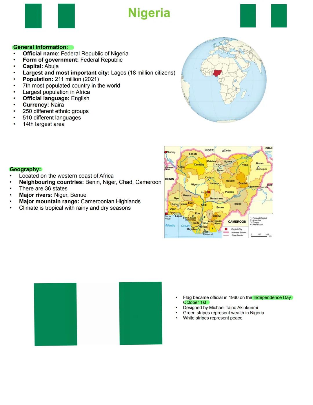 # Englisch LK
Nigeria
Abitur 2025 - Lernzettel # Topics
1. General Information
- Geography
- Flag
2. History
- Pre-colonial era