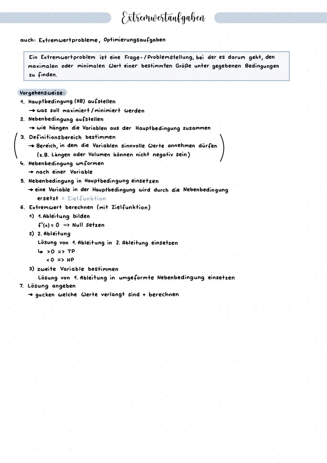 # Extremwertaufgaben
auch: Extremwertprobleme, Optimierungsaufgaben
Ein Extremwertproblem ist eine Frage-/Problemstellung, bei der es daru