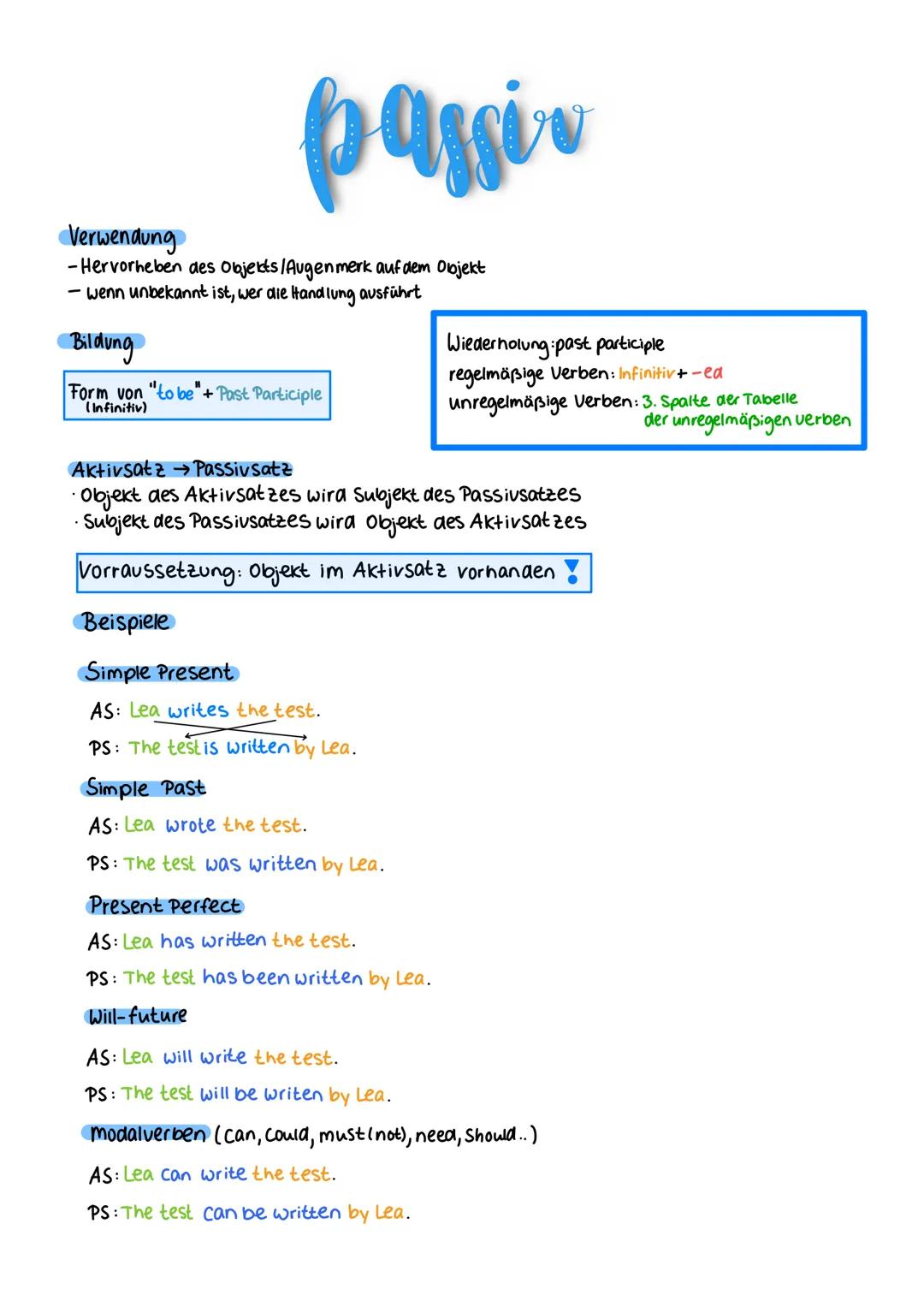 # passiv
Verwendung
-Hervorheben des Objekts /Augenmerk auf dem Objekt
- wenn unbekannt ist, wer die Handlung ausführt
Bildung
Form von "
